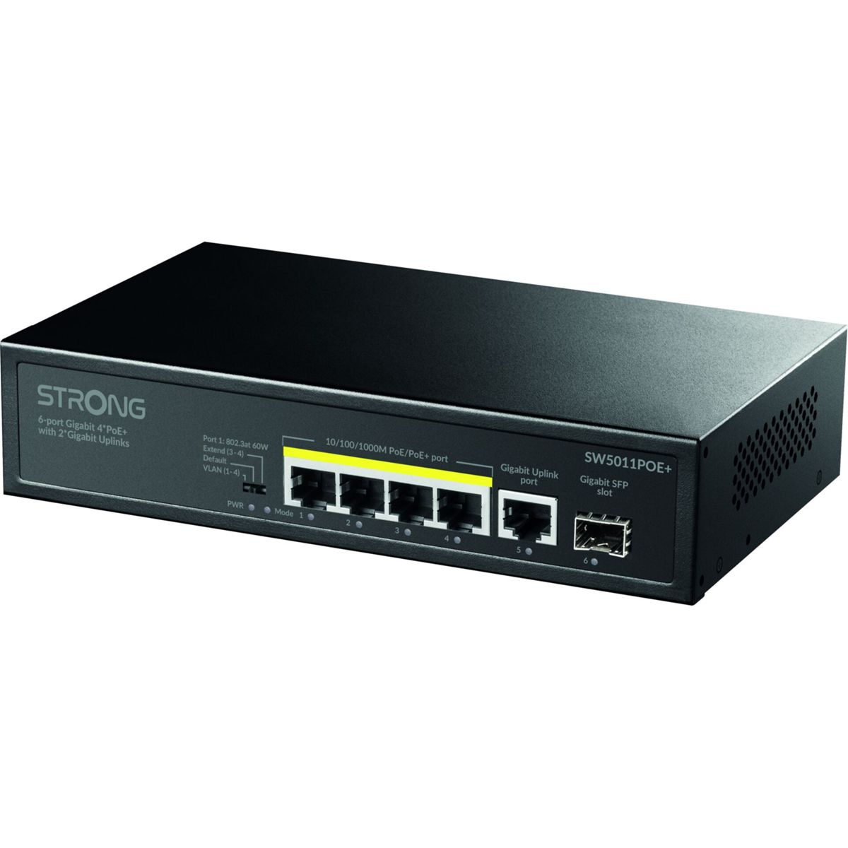 Un switch de red Gigabit negro Strong de 6 puertos con puertos PoE+ y ranura SFP sobre fondo blanco.