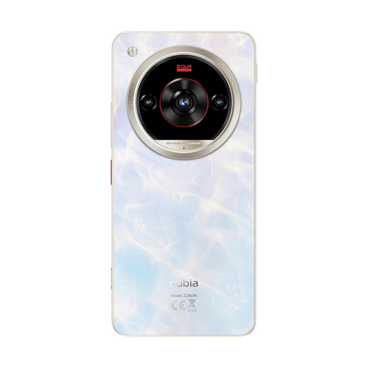 Retro di uno smartphone Nubia marmorizzato azzurro chiaro con una grande fotocamera rotonda.