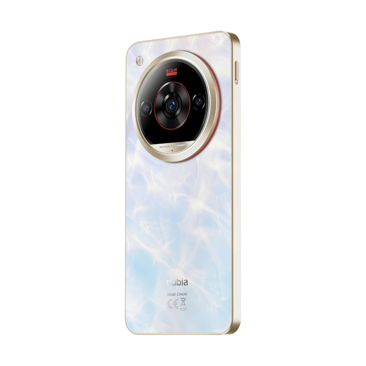 Retro di uno smartphone in marmo azzurro con grande fotocamera tonda e cornice dorata.