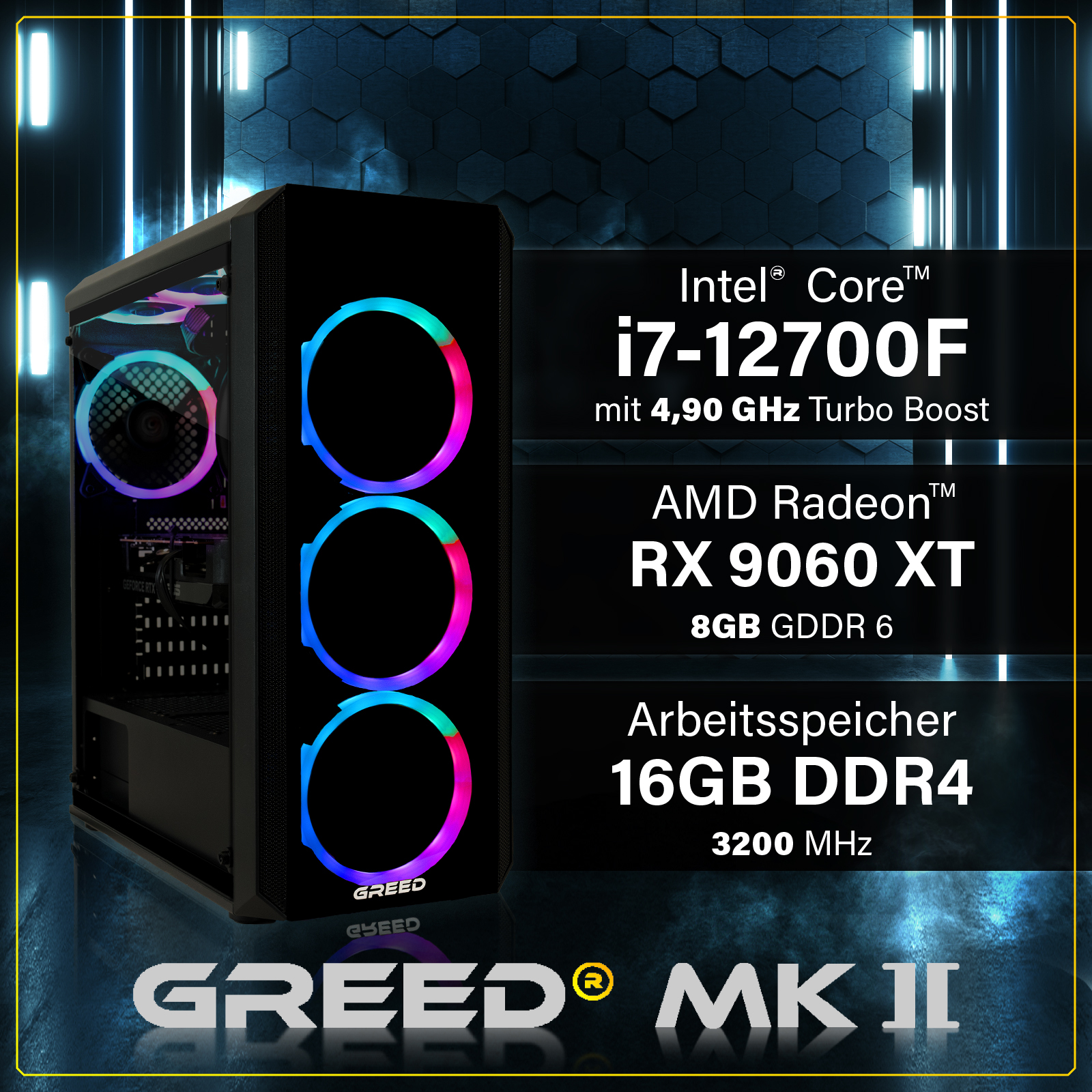 PC da gaming Greed MK II con ventole RGB e specifiche come i7-12700F e RX 9060 XT su sfondo scuro.