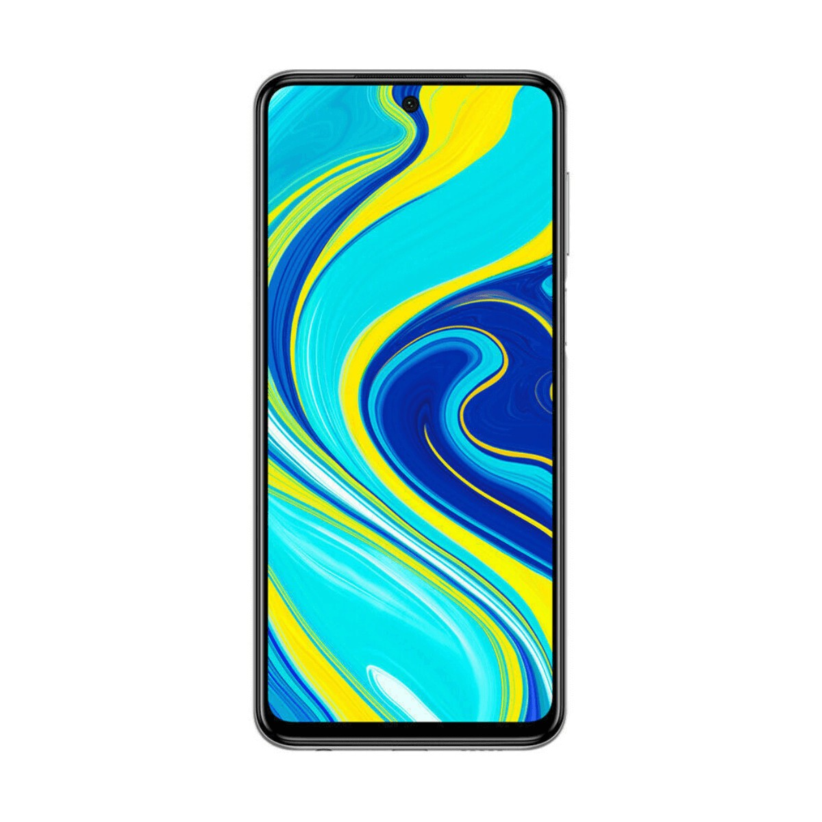 Schwarzes Smartphone mit einem blauen und gelben Wirbelmuster auf dem Bildschirm.