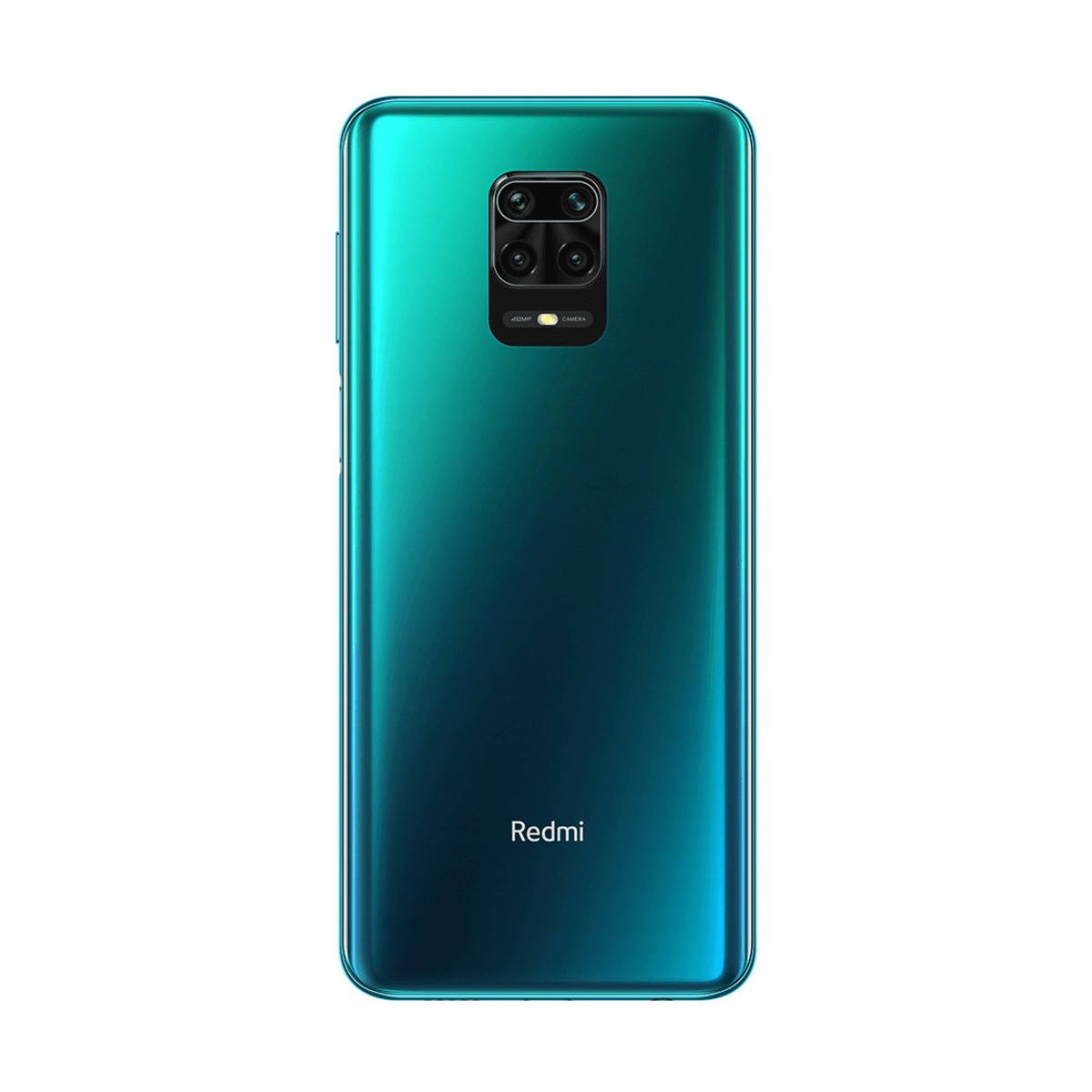 Rückseite eines türkisfarbenen Redmi-Smartphones mit Vierfachkamera und weißem Logo.