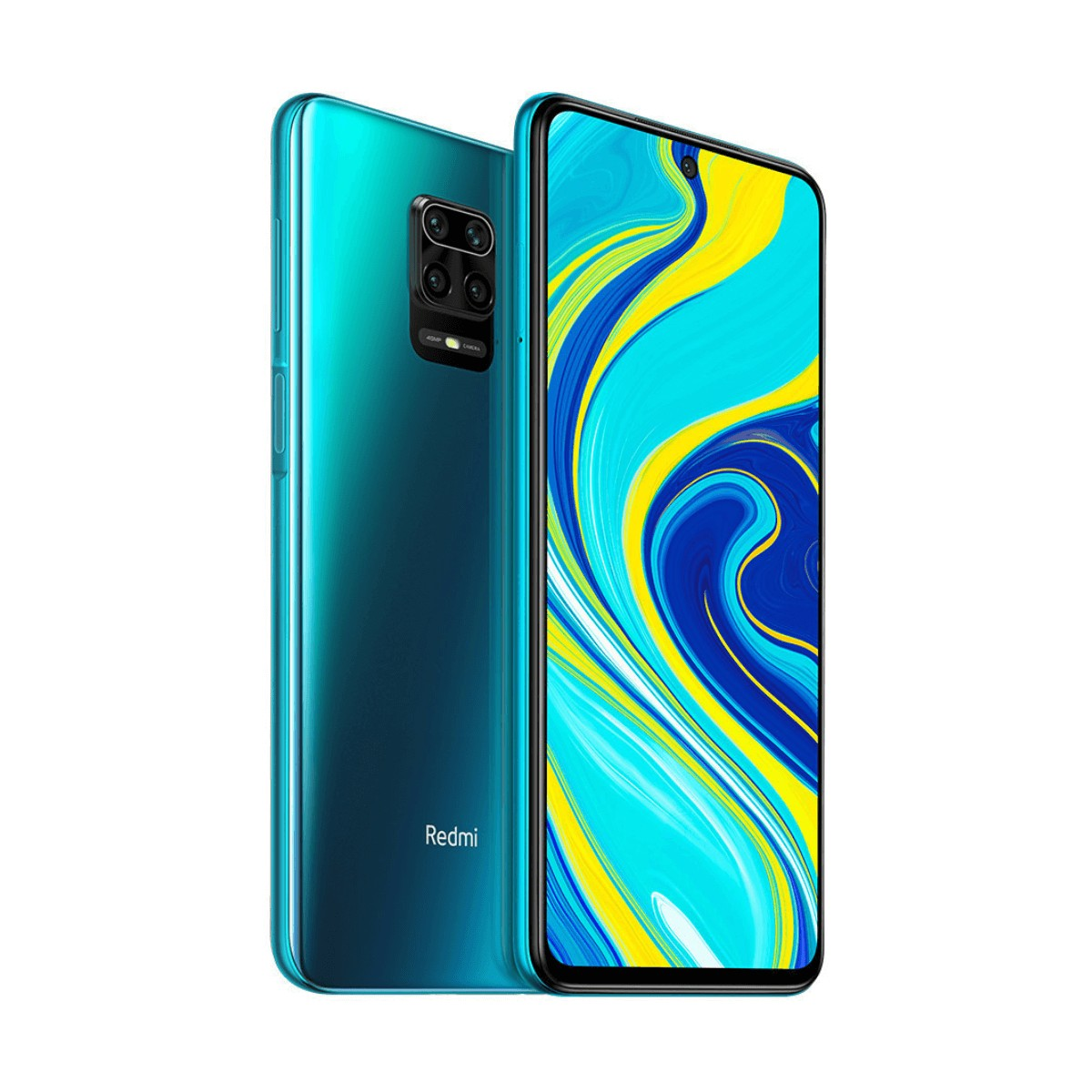 Ein türkisfarbenes Redmi-Smartphone mit Vierfach-Kamera hinten und blau-gelbem Displaymuster.