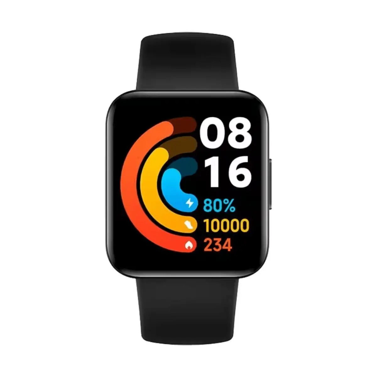 Uno smartwatch nero con anelli di attività, ora, batteria, passi e calorie su sfondo bianco.