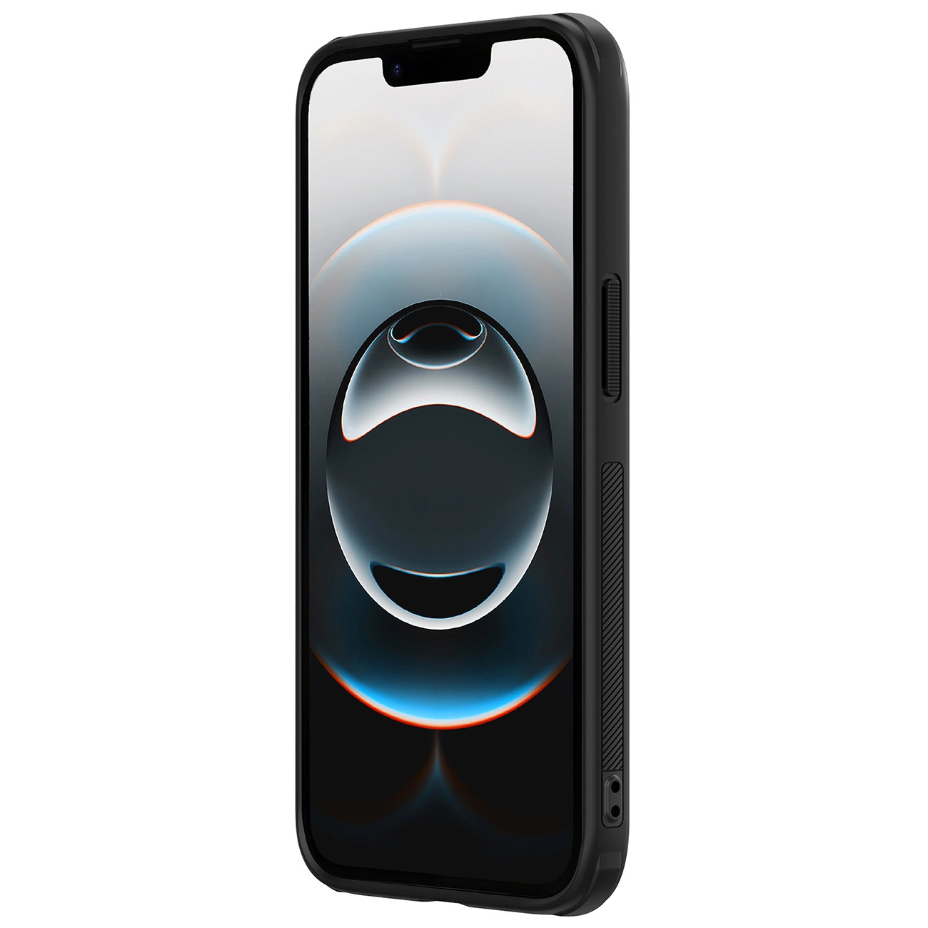 Ein schwarzes Smartphone mit Schutzhülle und abstrakten blauen und weißen Grafiken auf dem Bildschirm.