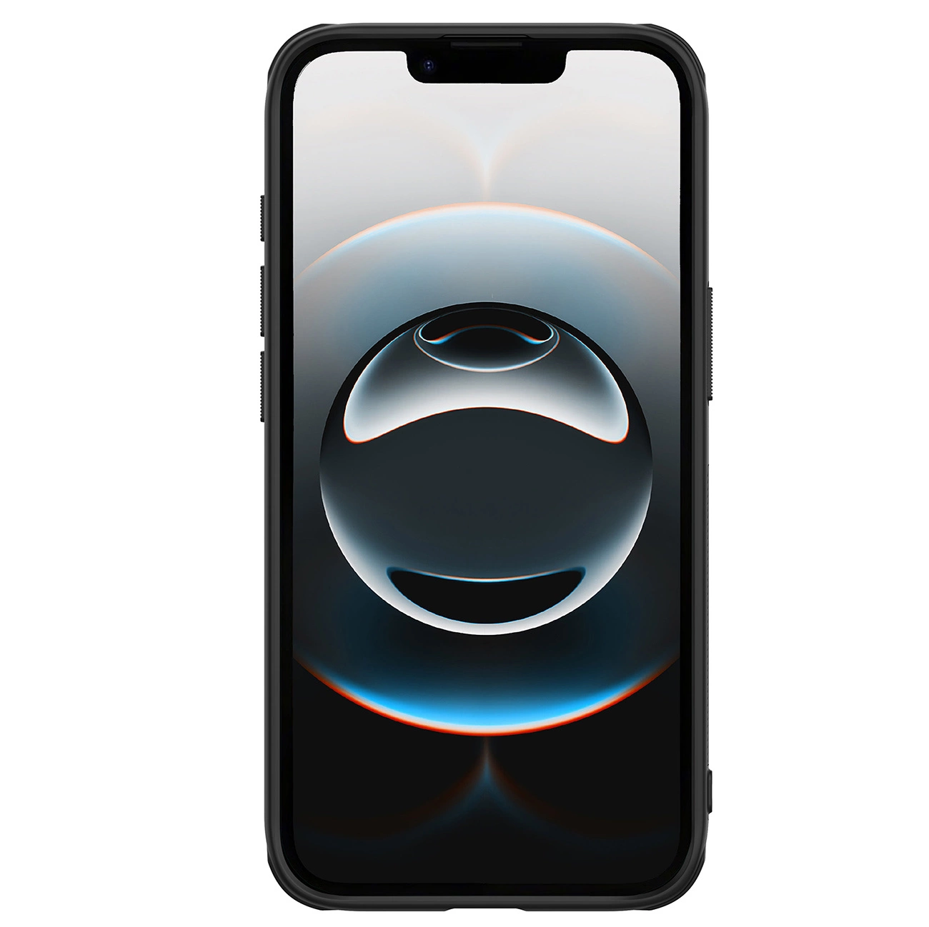 Ein schwarzes Smartphone mit einer abstrakten, blauen und orangen Kugel auf dem Bildschirm.