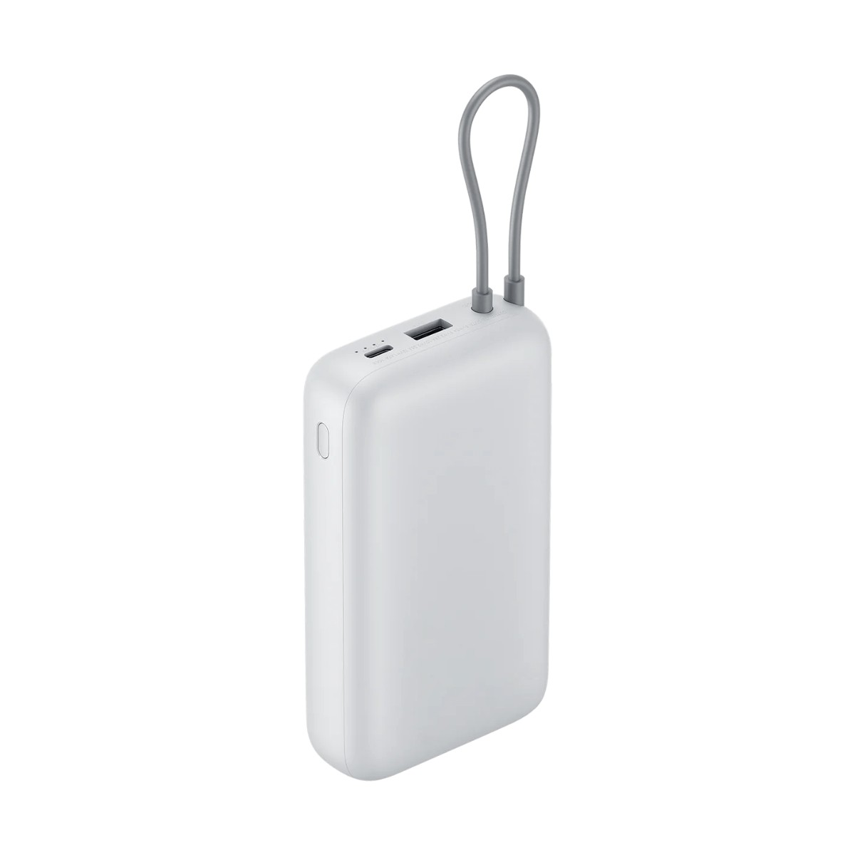 Un power bank bianco con angoli arrotondati, porte superiori e cinturino grigio su sfondo bianco.