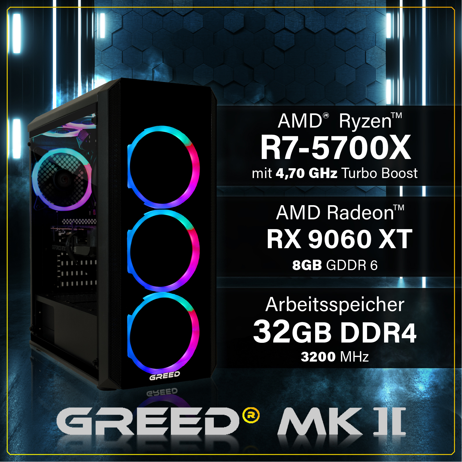 Tower PC da gaming nero con ventole RGB e specifiche AMD Ryzen e Radeon su sfondo blu.