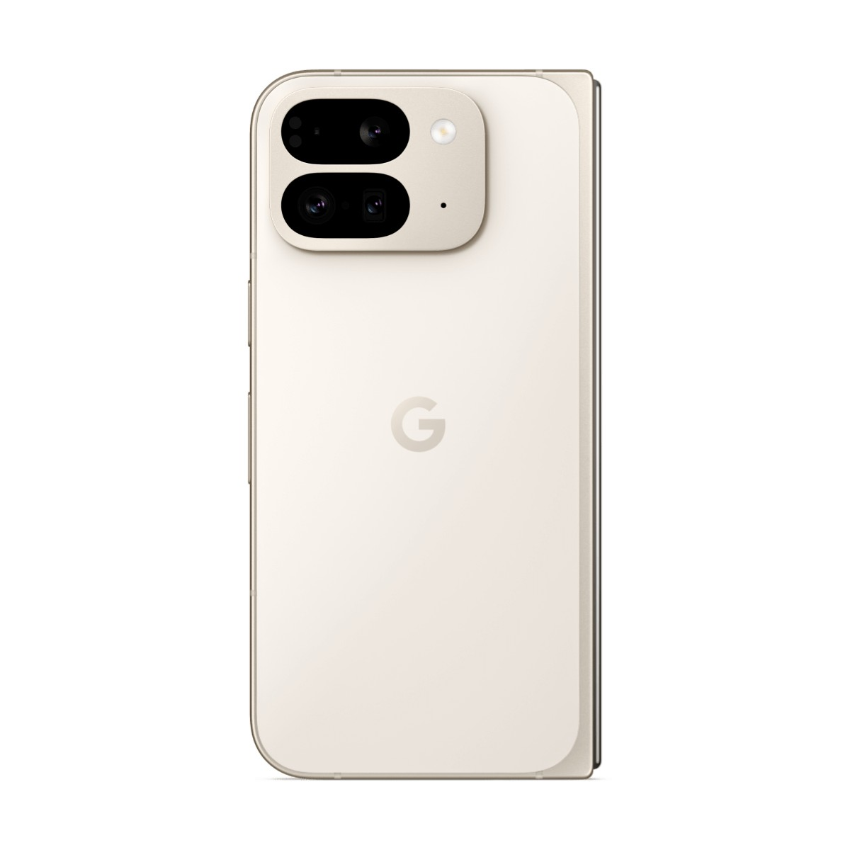 Parte trasera de un smartphone beige con módulo de doble cámara arriba a la izquierda y el logotipo de Google en el centro.