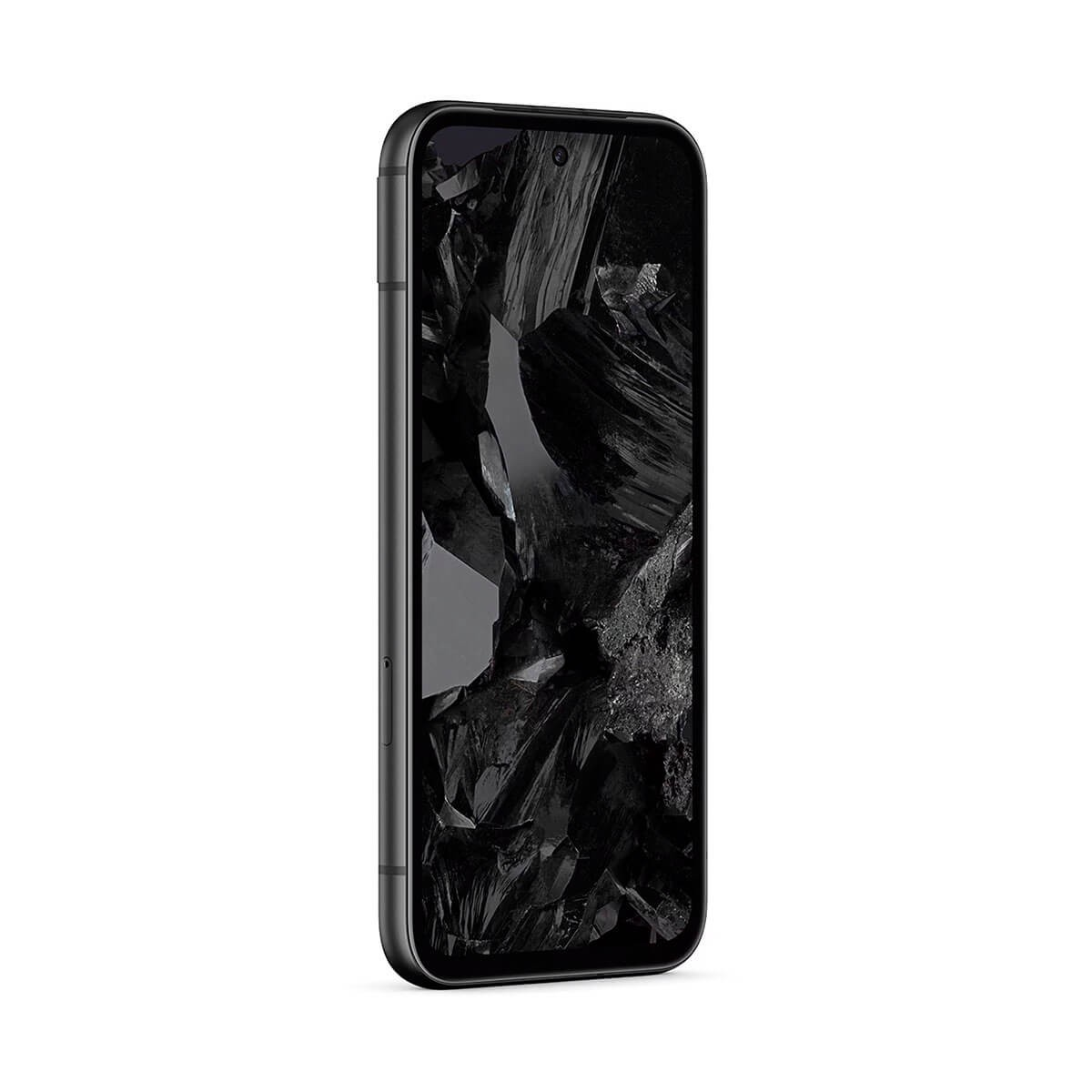 Uno smartphone nero con uno sfondo grigio scuro astratto sullo schermo si trova su una superficie bianca.
