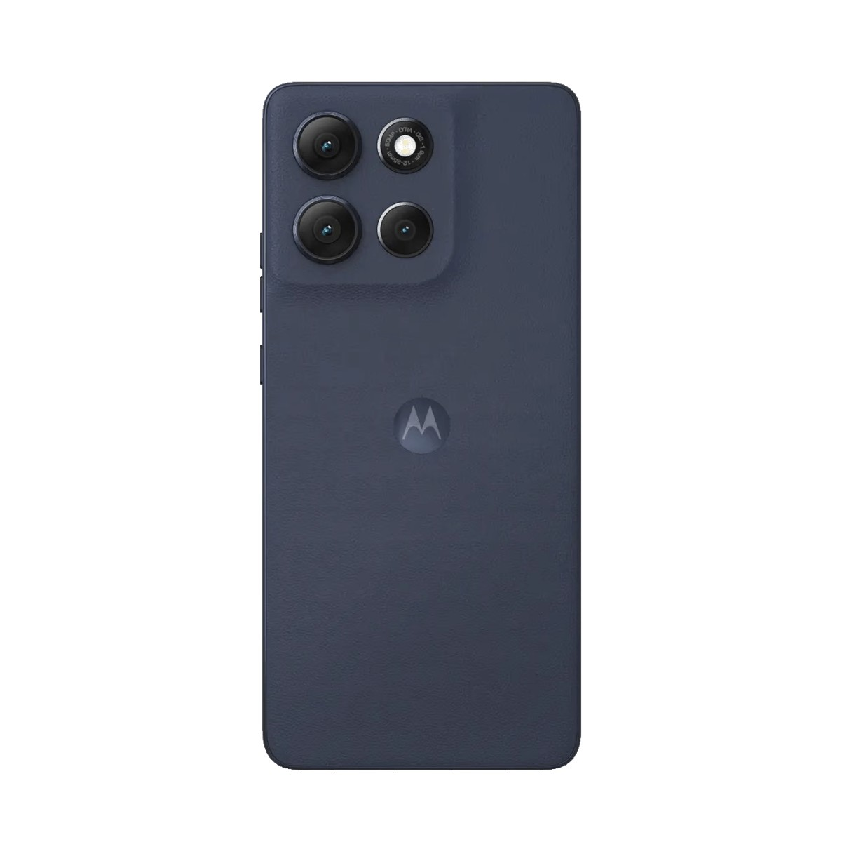 Dunkelblaues Motorola-Smartphone von hinten mit drei Kameras, Blitz und Markenlogo.
