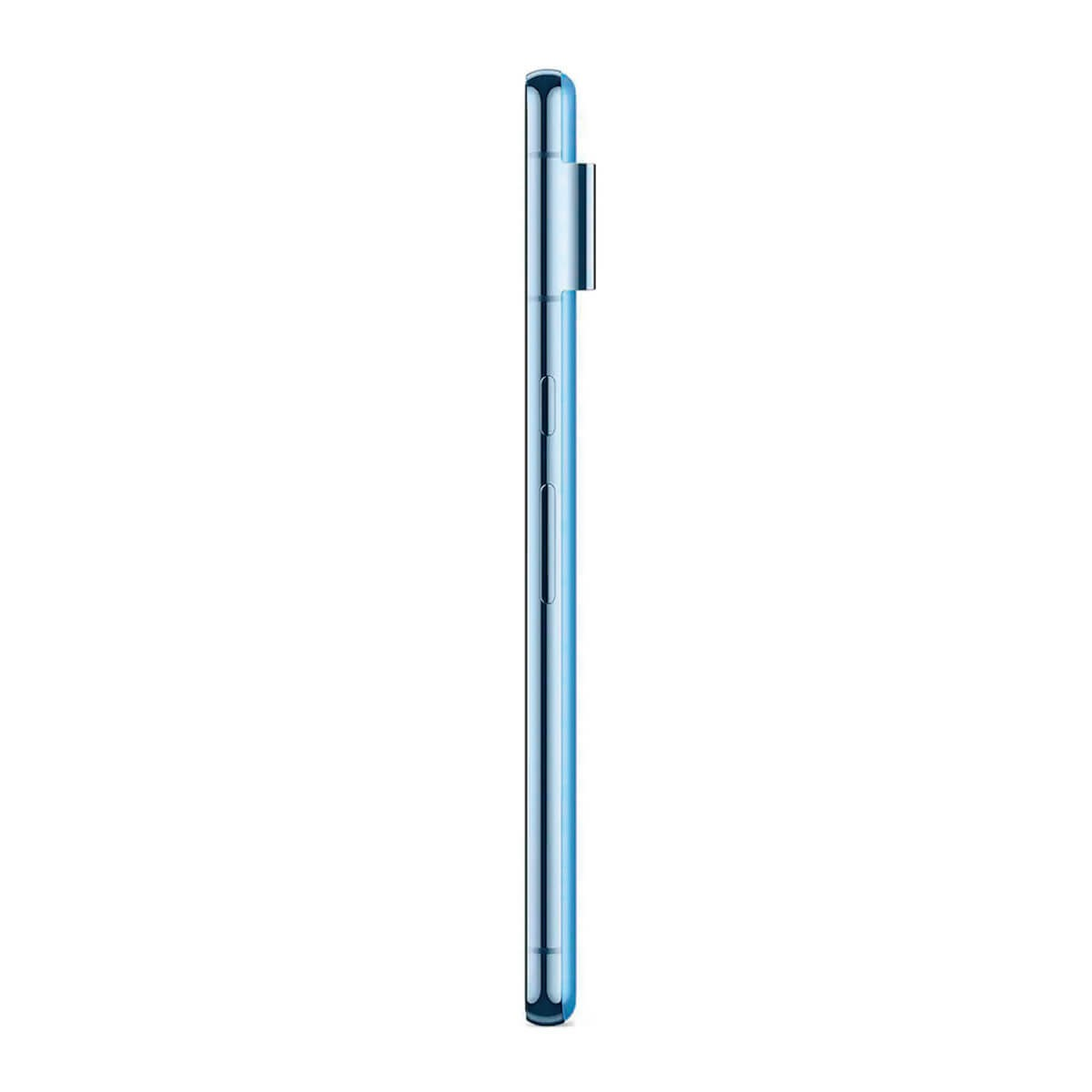 Vue latérale d'un smartphone bleu montrant les boutons de volume, d'alimentation et l'appareil photo.