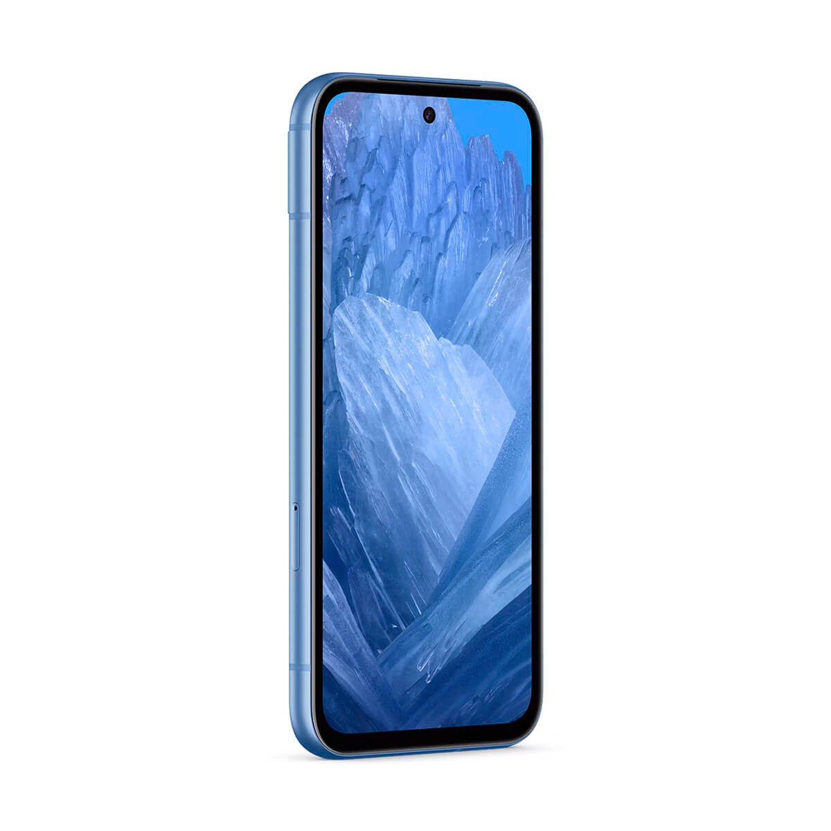 Uno smartphone blu con angoli arrotondati e uno schermo che mostra formazioni di ghiaccio blu.
