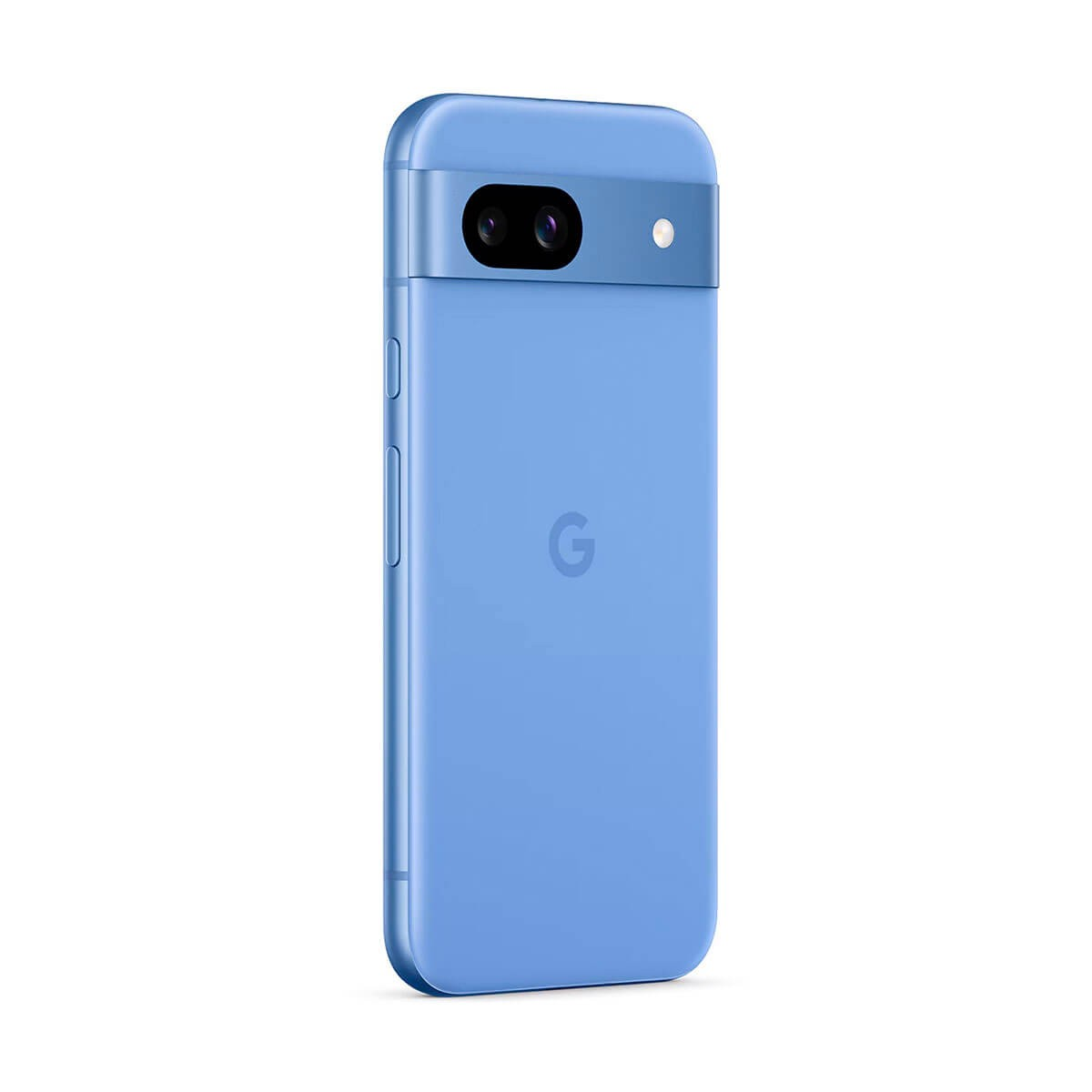 Retro di uno smartphone Google Pixel azzurro con barra della fotocamera orizzontale e logo Google su sfondo bianco.