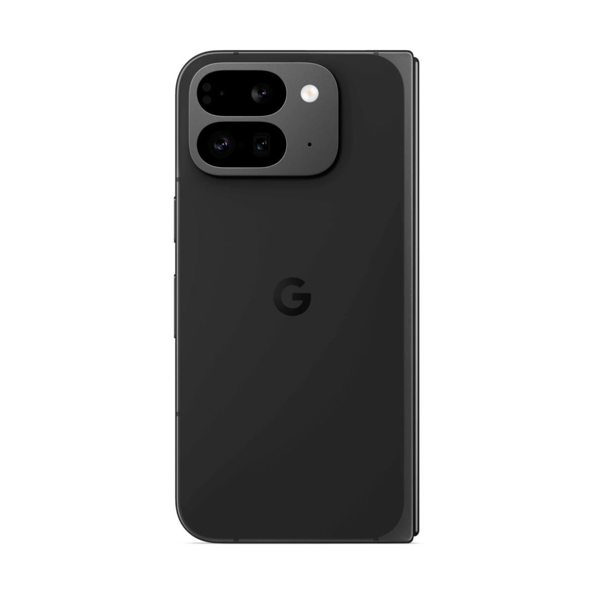 Uno smartphone pieghevole nero con modulo a doppia fotocamera in alto a sinistra e logo Google al centro.