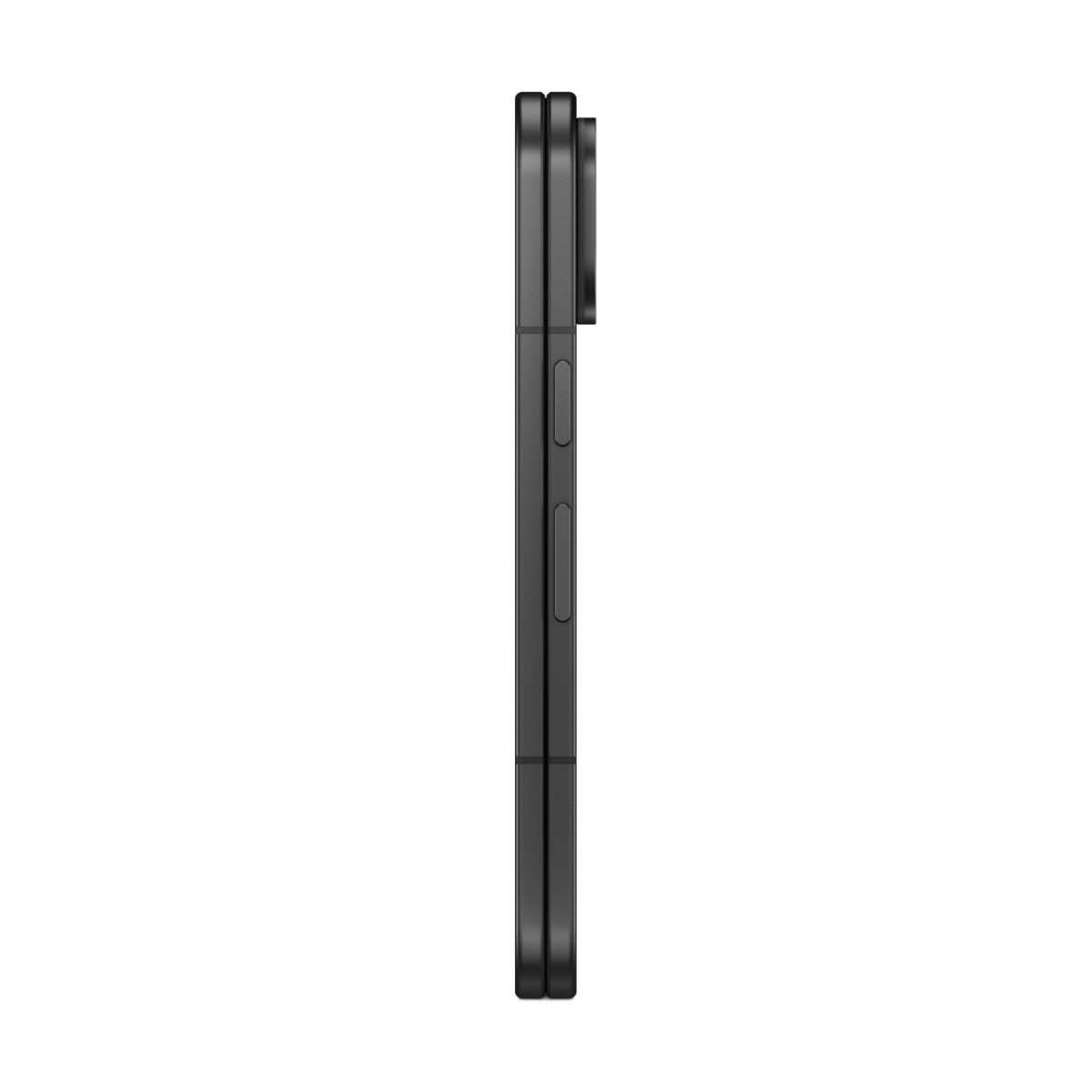 Vista laterale di uno smartphone nero chiuso con pulsanti fisici e un modulo fotocamera rettangolare.