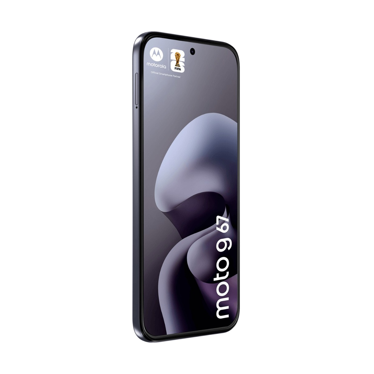 Uno smartphone Motorola nero con uno sfondo astratto viola e il marchio Moto g 67 sullo schermo.