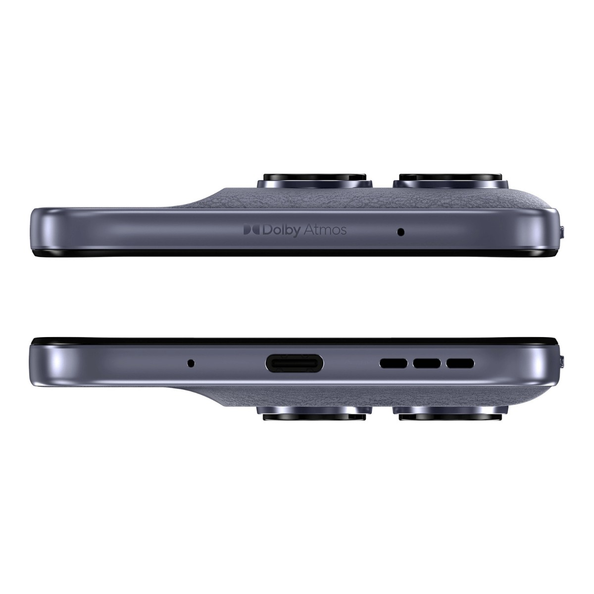 Viste dei lati dello smartphone con logo Dolby Atmos, porta USB-C e altoparlante.