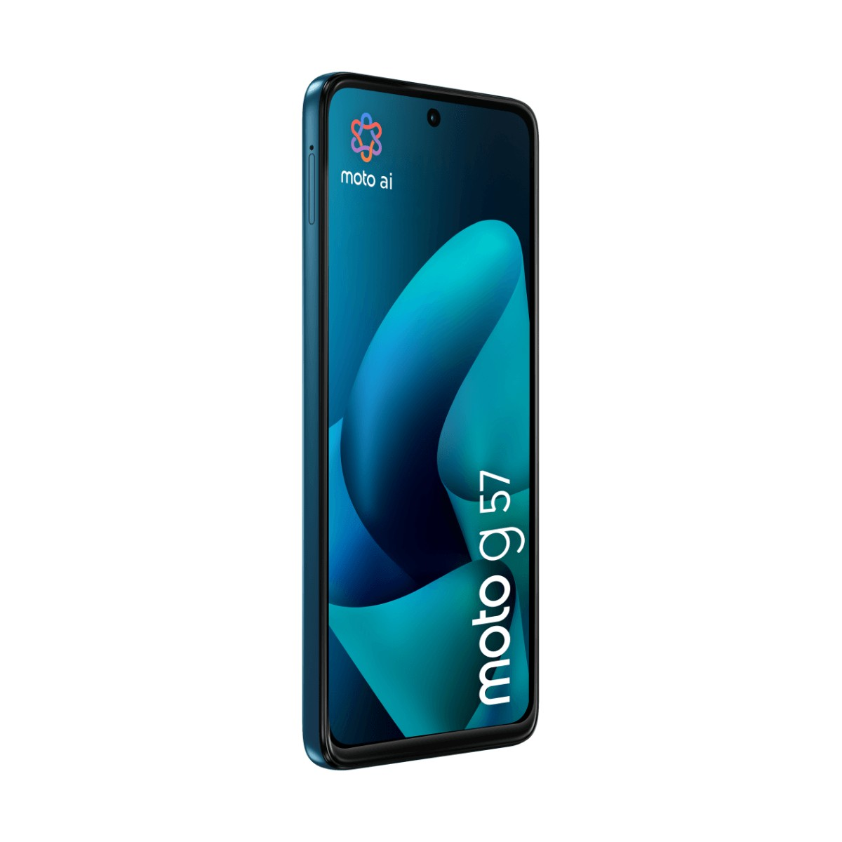 Un smartphone Moto G57 bleu orienté à droite affichant un fond d'écran abstrait turquoise avec moto ai.