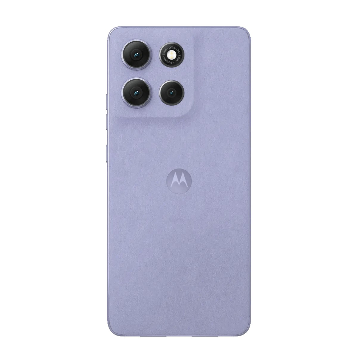 Rückseite eines violetten Smartphones mit quadratischem Kameramodul, drei Linsen, Blitz und Motorola-Logo.