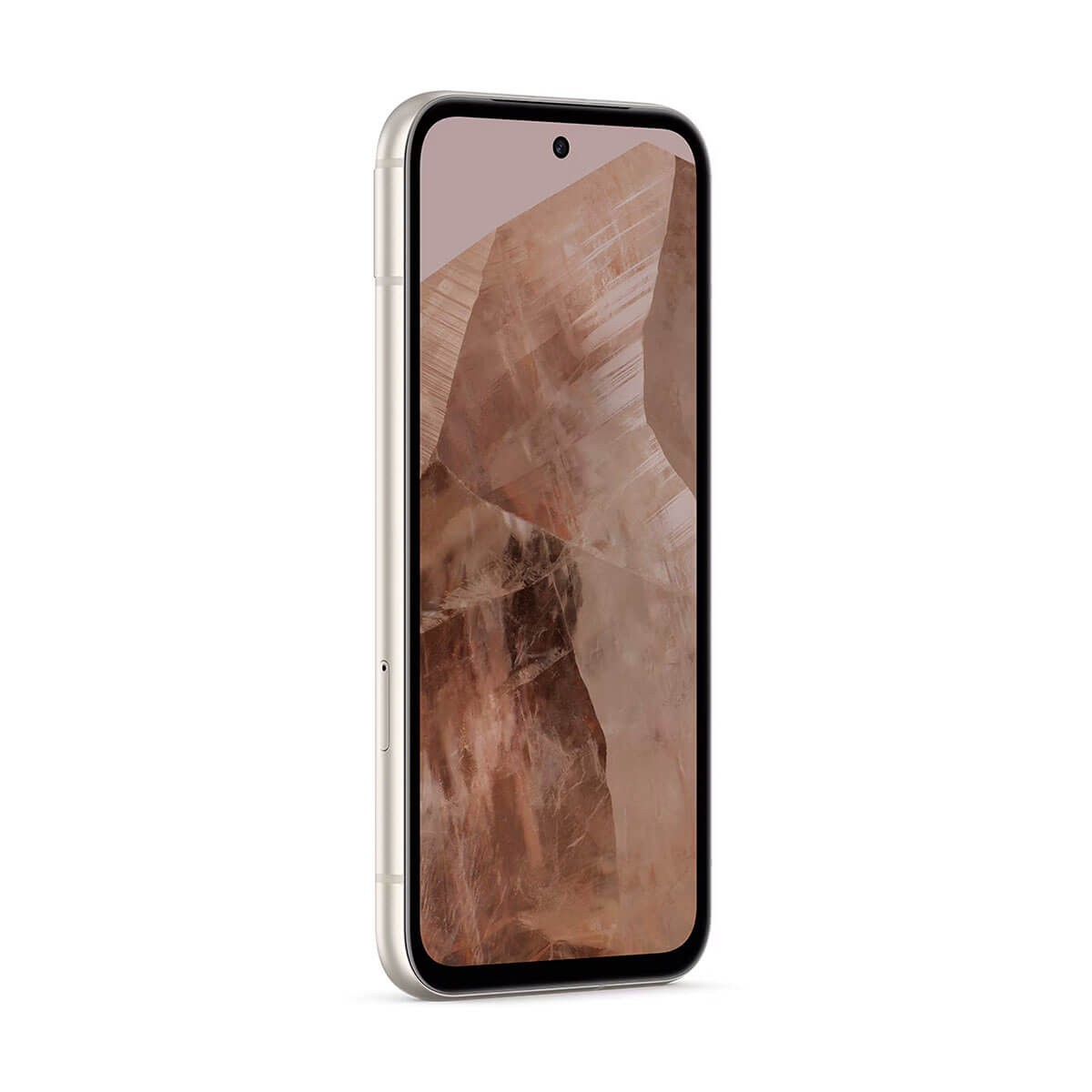 Uno smartphone bianco in una vista leggermente inclinata che mostra uno sfondo astratto marrone.