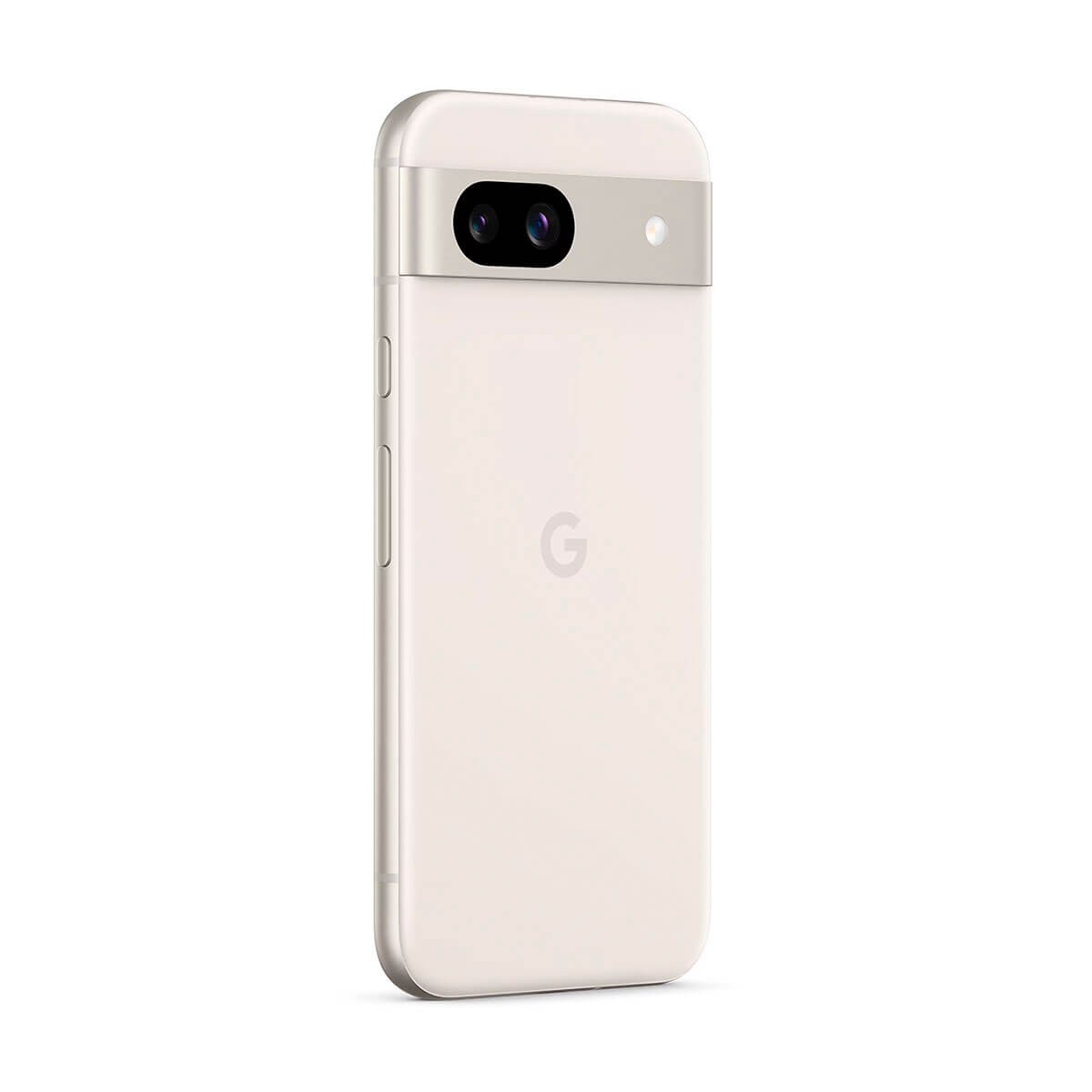 Vista posteriore di uno smartphone color crema con una barra della fotocamera orizzontale in alto e il logo Google al centro.