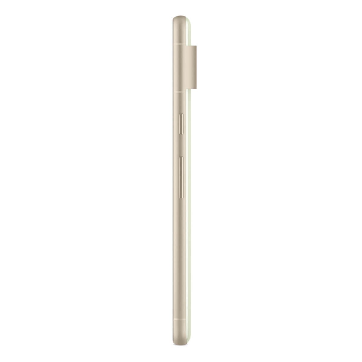 Vista laterale di uno smartphone dorato con pulsanti e sporgenza della fotocamera su sfondo bianco.