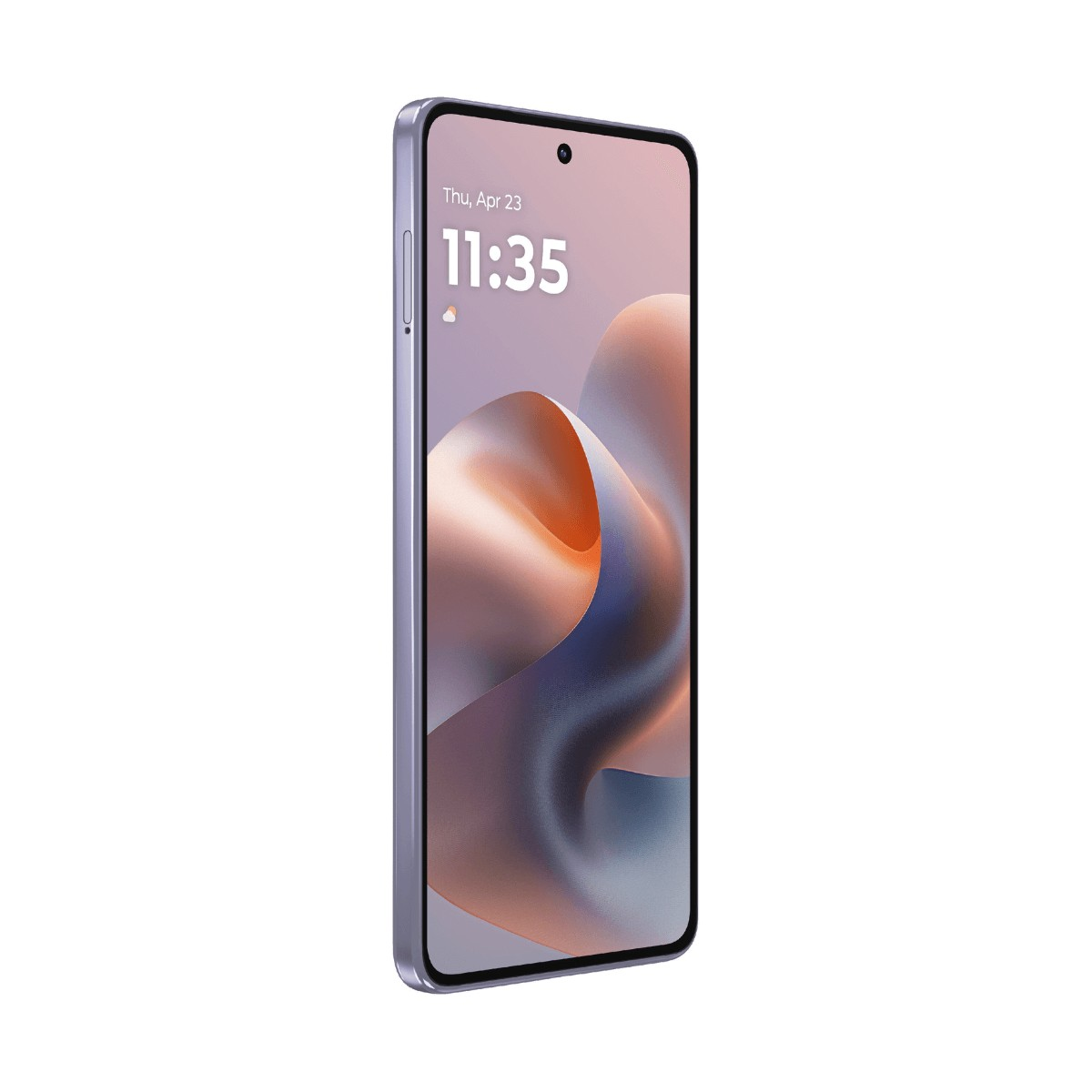 Ein lilafarbenes Smartphone mit abstraktem, fließendem Hintergrund auf dem Bildschirm.