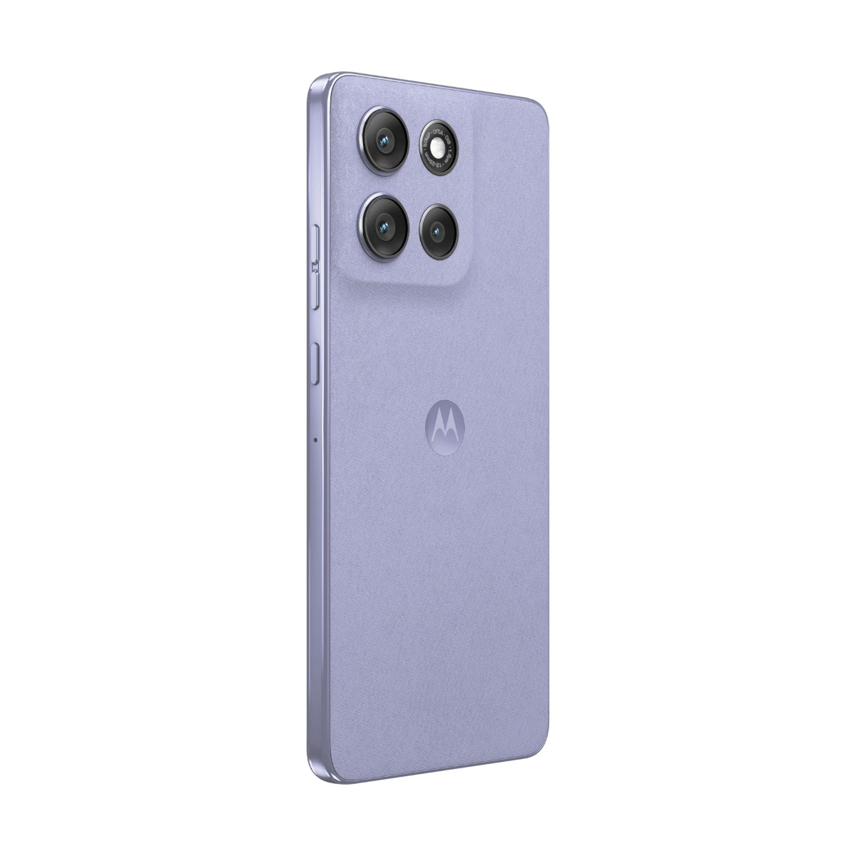 Rückseite eines violetten Smartphones mit drei Kameras und Motorola-Logo.
