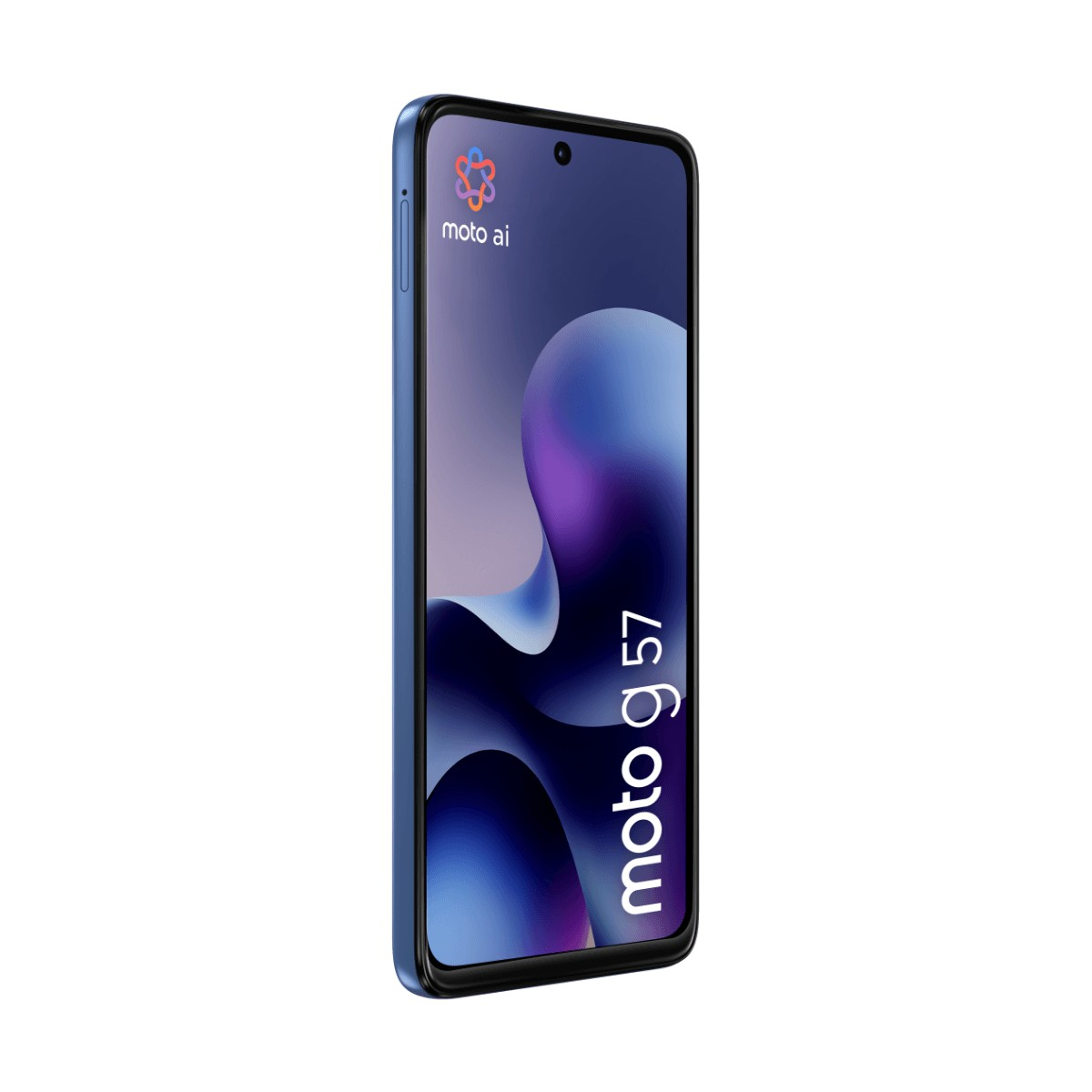 Niebieski smartfon Moto g 57 wyświetla kolorową, abstrakcyjną tapetę w fale oraz logo moto ai.