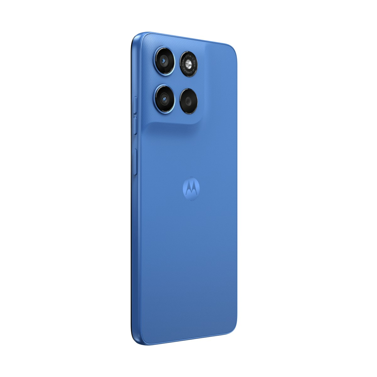 Niebieskie plecki smartfona Motorola z czterema obiektywami aparatów i logo.