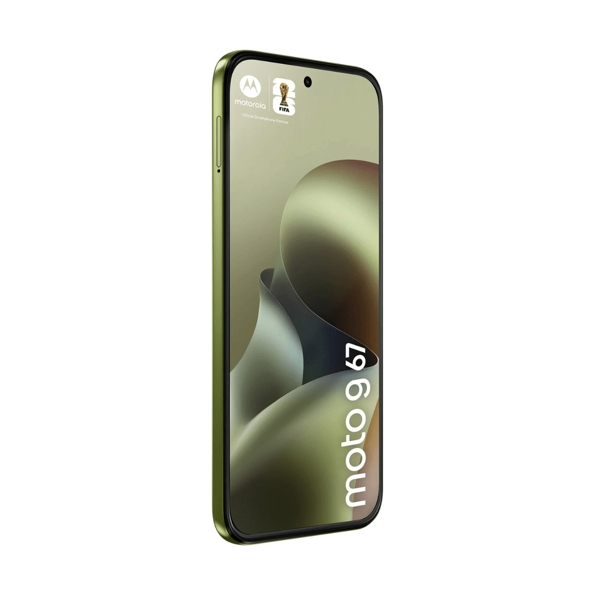 Un smartphone verde de Motorola con pantalla curva muestra un fondo de pantalla moto g67 sobre fondo blanco.