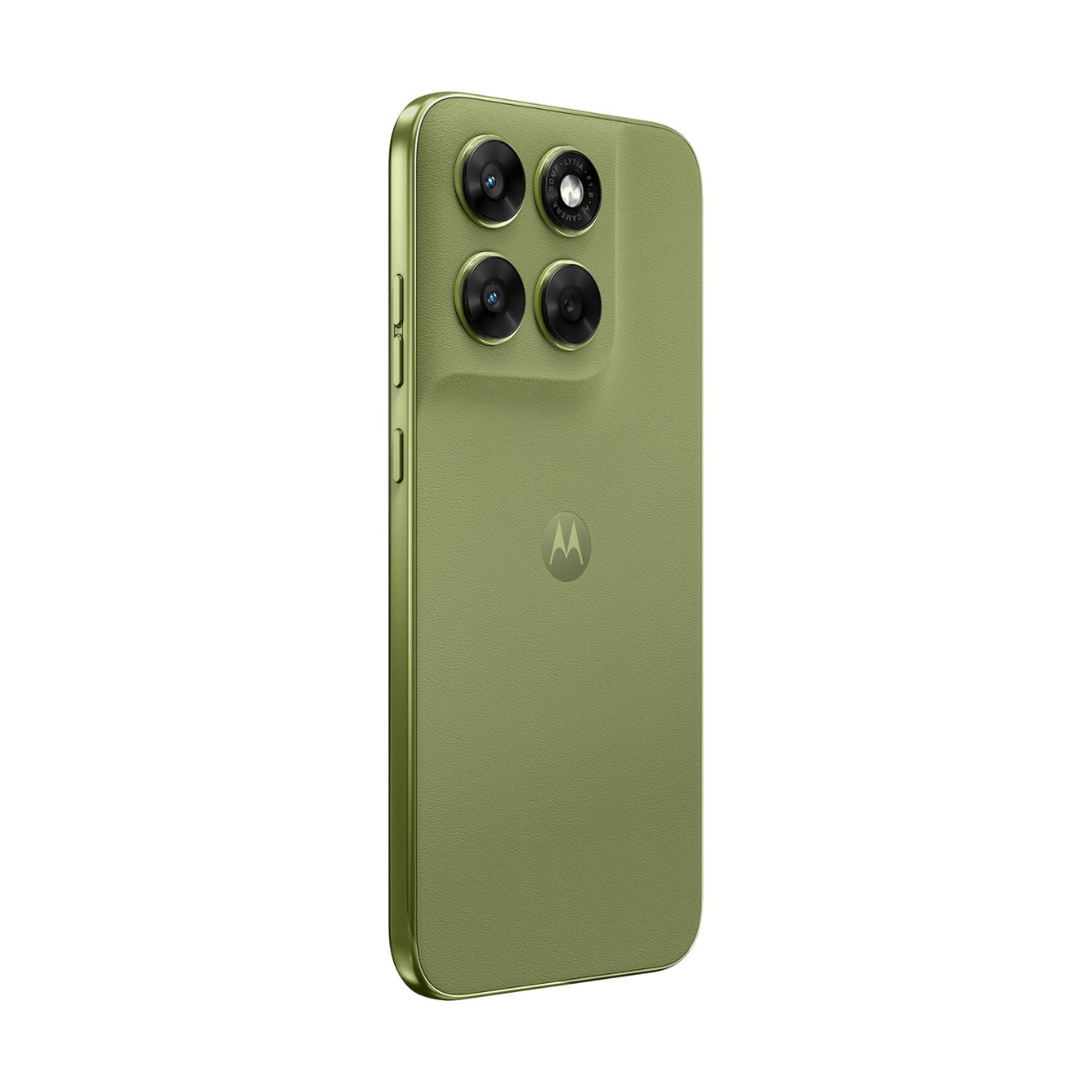 Smartphone verde oliva que muestra la parte trasera con un módulo de cuatro cámaras y el logotipo de Motorola, sobre fondo blanco.