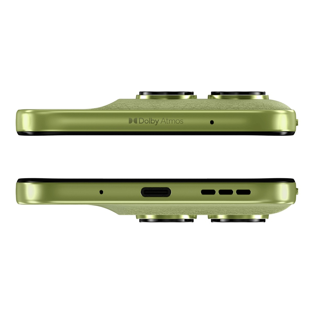 Vues de dessus et de dessous d'un smartphone vert avec le texte Dolby Atmos et un port USB-C sur fond blanc.