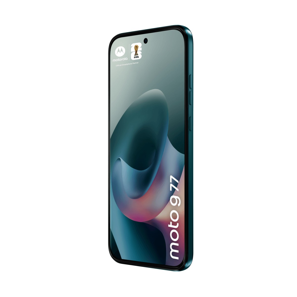 Niebieski smartfon Motorola Moto g77 z kolorowym, abstrakcyjnym tłem na ekranie.