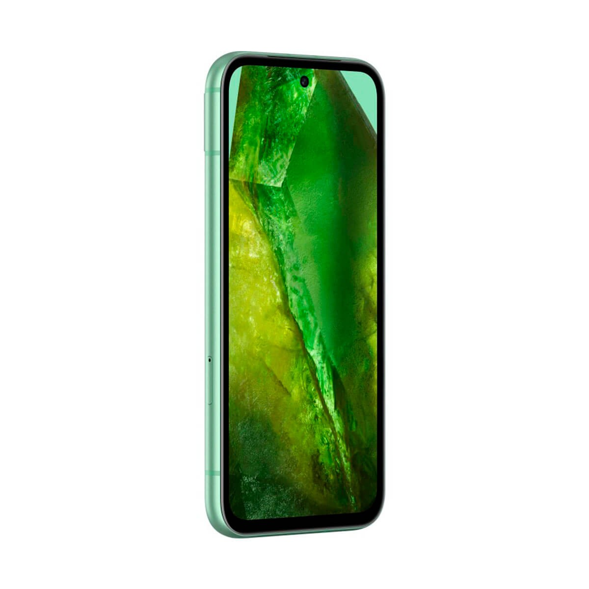 Ein grünes Smartphone mit glänzendem grünen abstrakten Hintergrund auf dem Bildschirm, frontal auf weißem Grund.