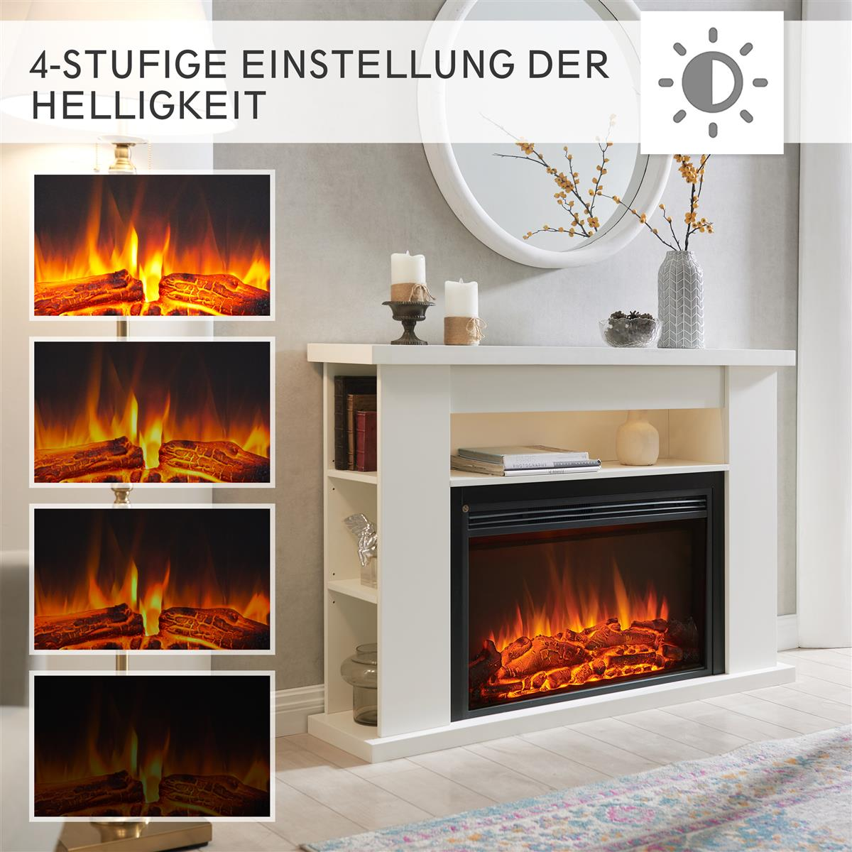Ein weißer Elektrokamin mit Kamineffekt, Kerzen und einem runden Spiegel an der Wand.