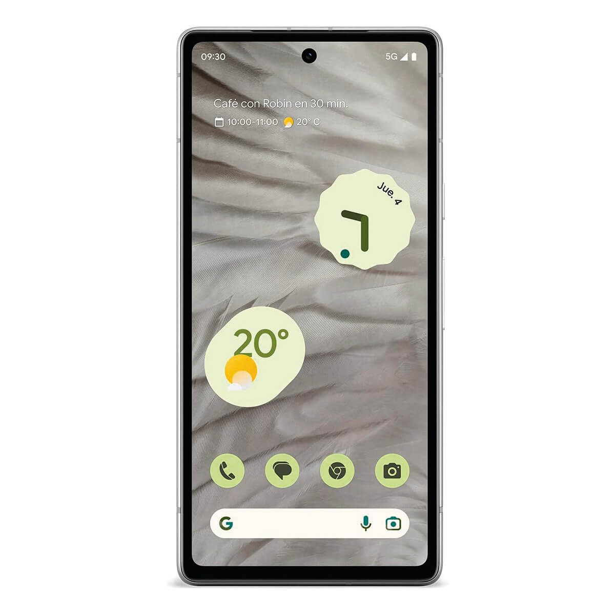 Smartphone che mostra una schermata home verde con orologio, widget meteo e icone.