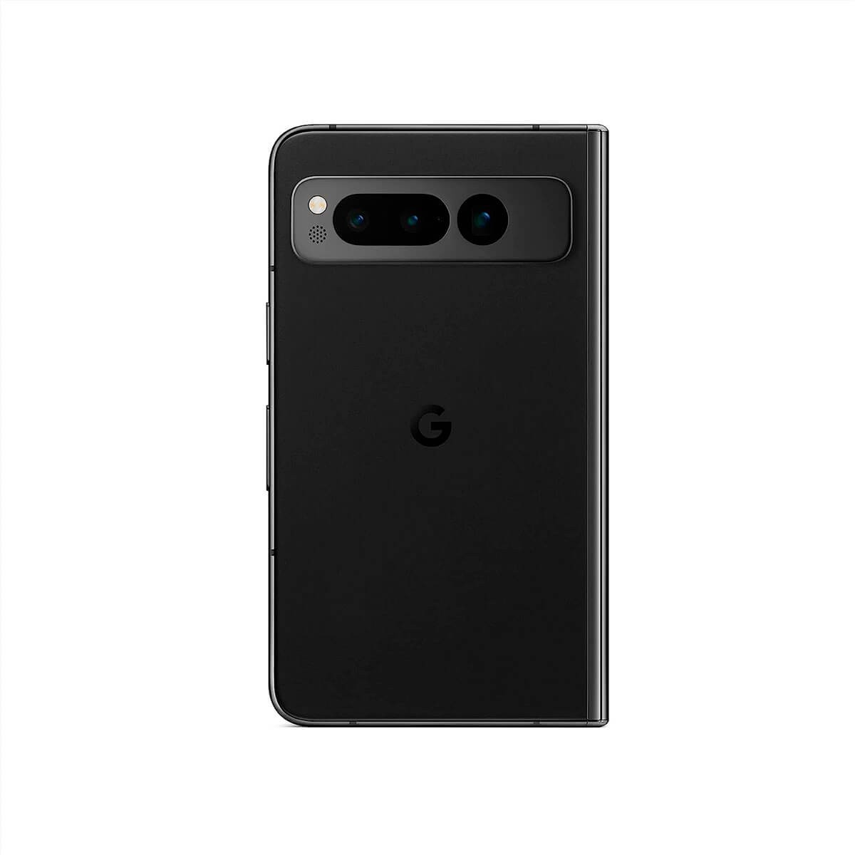 Retro di uno smartphone pieghevole nero con barra a tripla fotocamera orizzontale e logo Google su sfondo bianco.