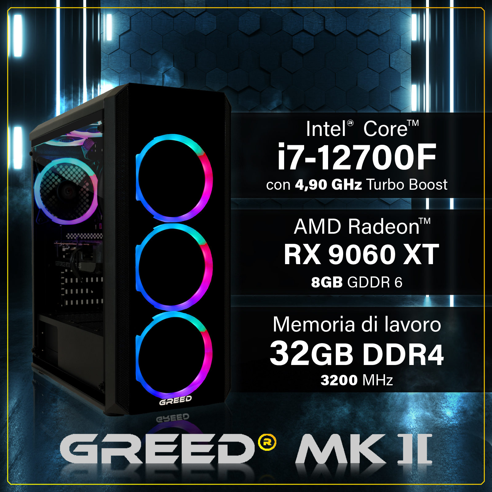 PC da gaming nero con ventole RGB e testo per i7-12700F, RX 9060 XT e 32GB RAM su sfondo blu.