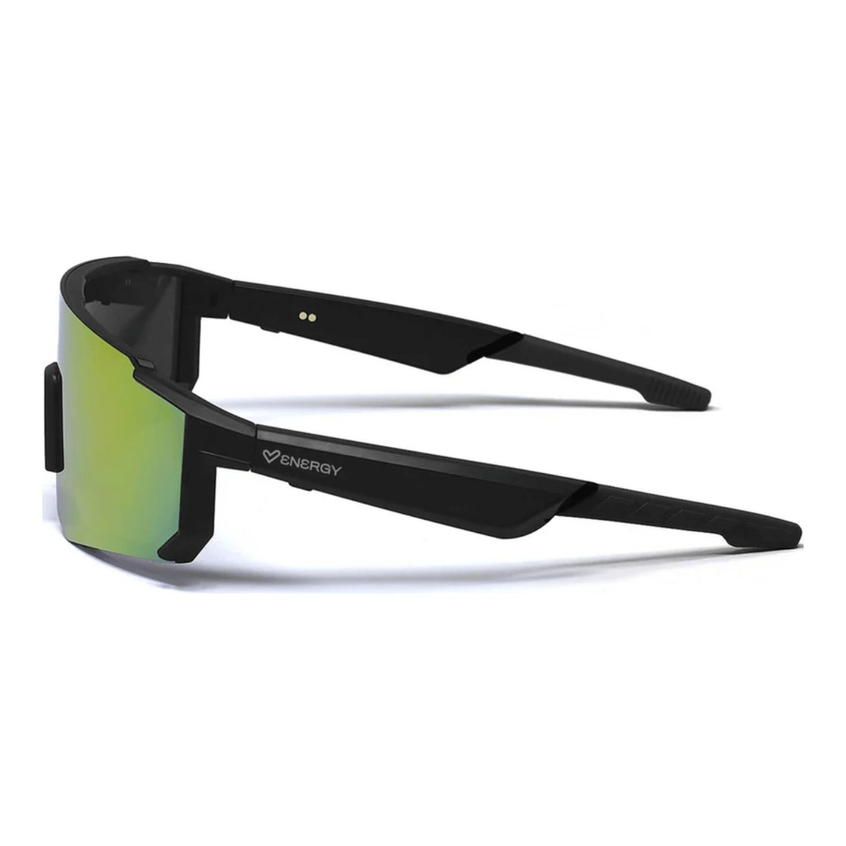 Occhiali da sole sportivi neri con lenti riflettenti verdi e la scritta "ENERGY" sull'asta.