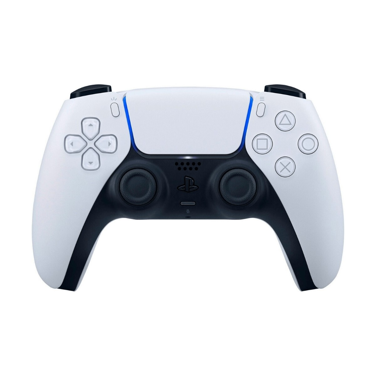 Bialo-czarny bezprzewodowy kontroler PlayStation 5 DualSense z niebieskim swiatlem.