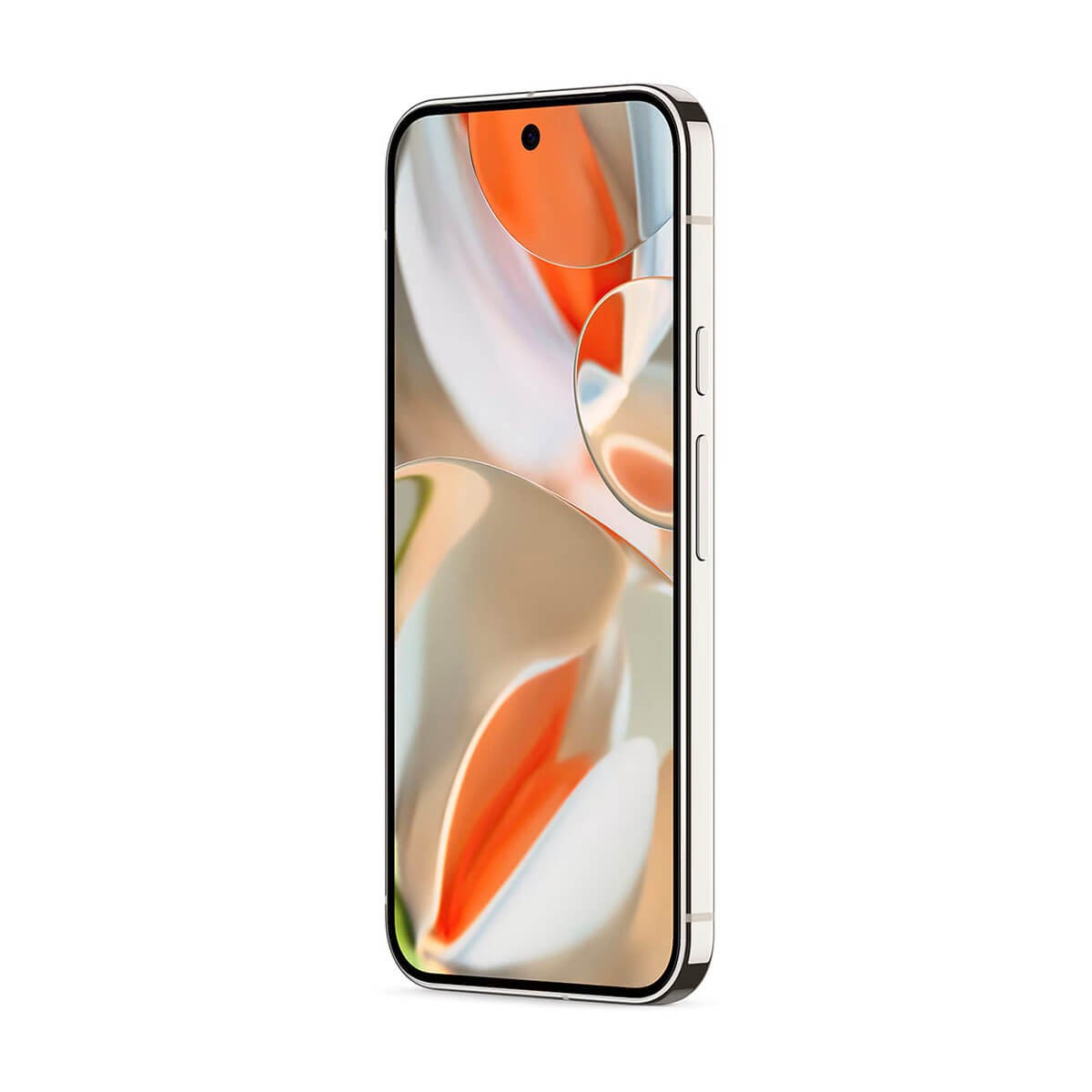 Uno smartphone inclinato a destra con sfondo arancione e bianco, tasti laterali e foro per la fotocamera.