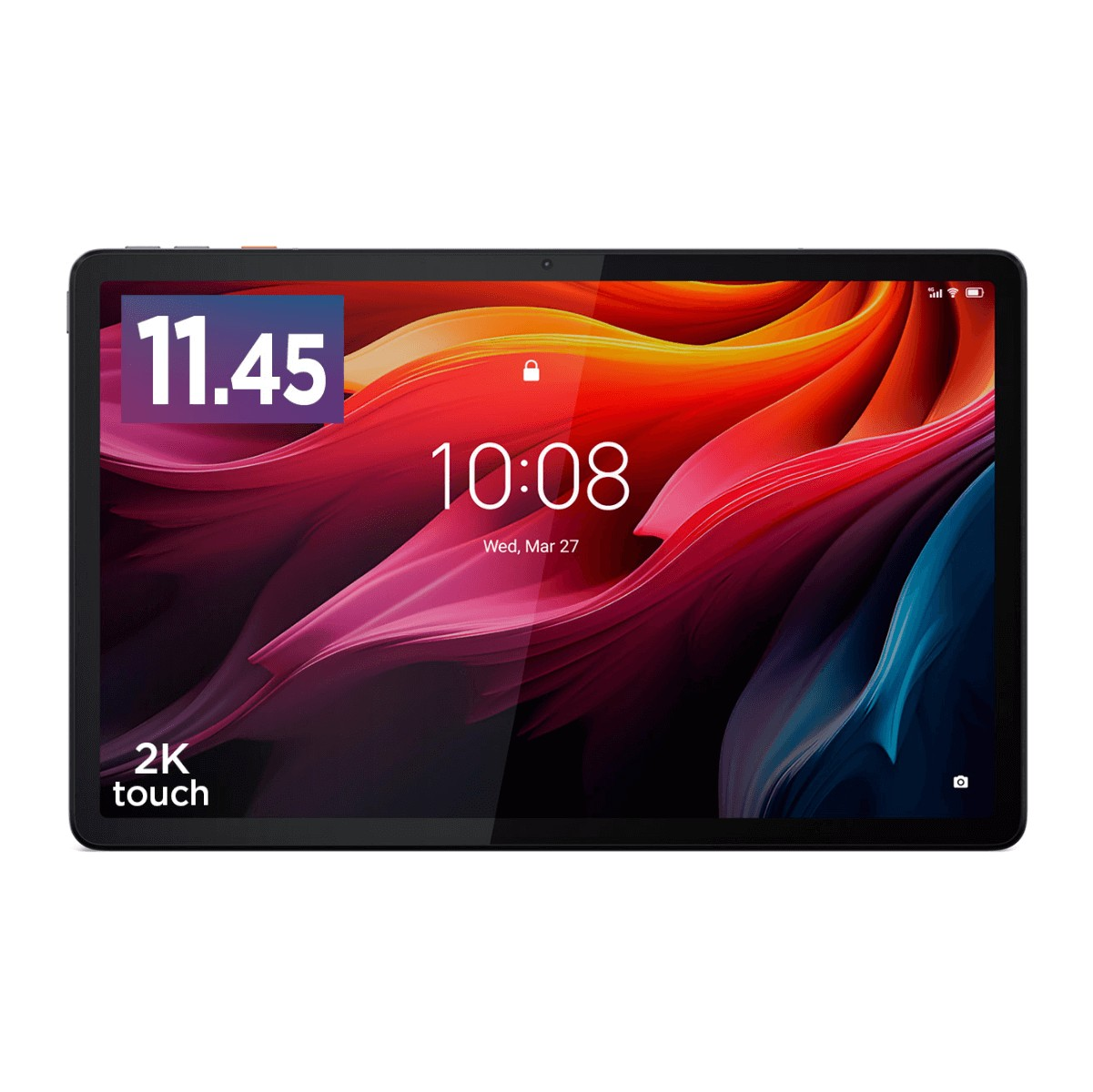 Un tablet nero mostra una schermata di blocco colorata con ora, data e i testi 11.45 e 2K touch.