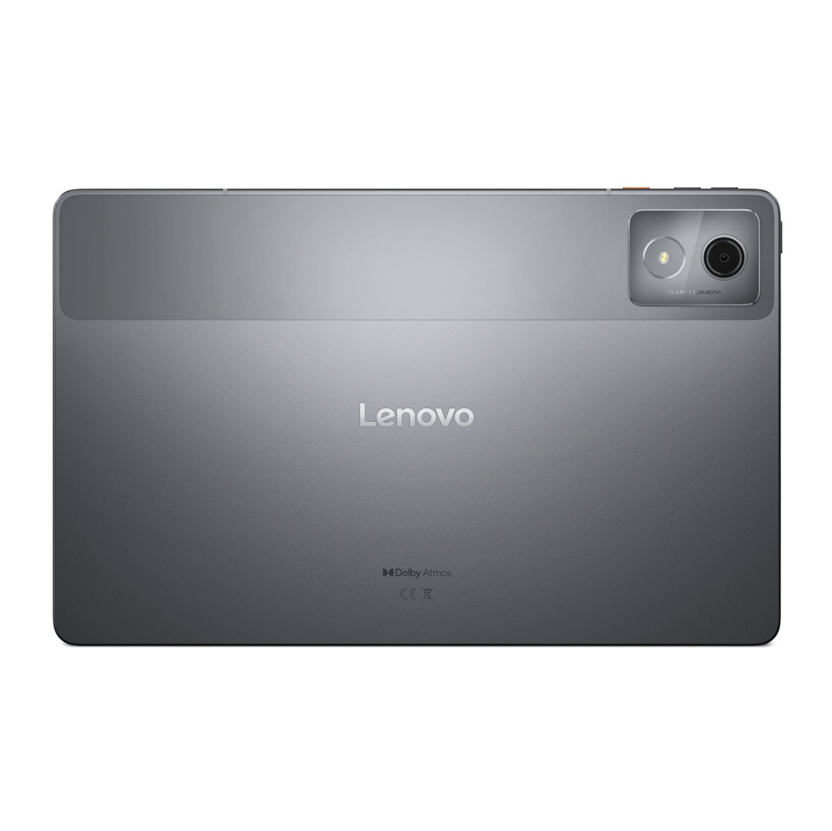 Il retro grigio di un tablet Lenovo con fotocamera e logo.