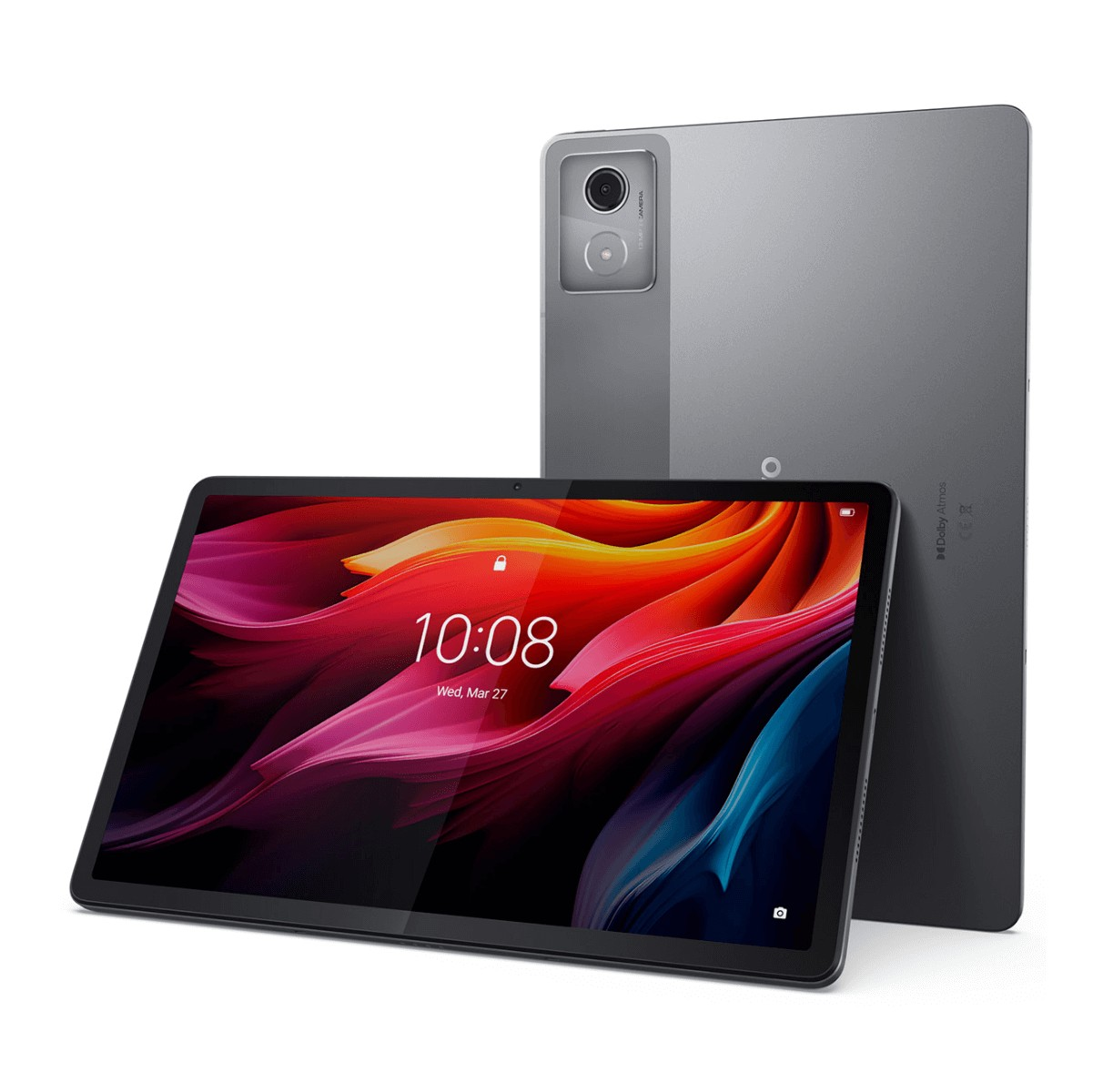 Due tablet grigi, uno inclinato in avanti con schermo colorato, l'altro in piedi dietro.