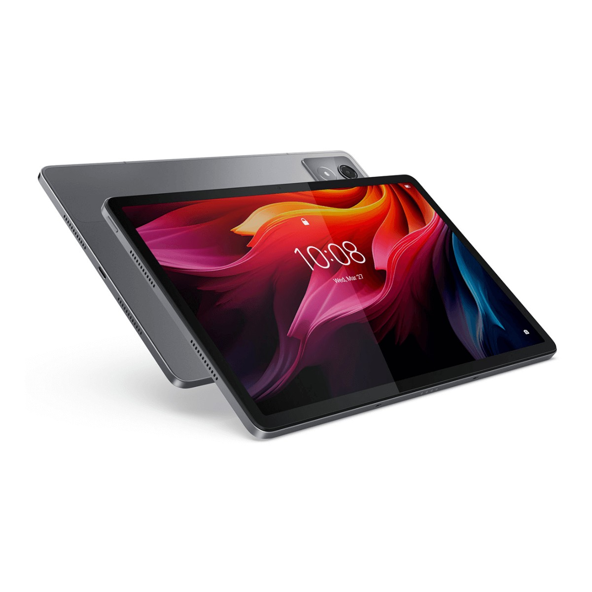 Due tablet grigi su sfondo bianco, uno mostra grafica colorata e orario.