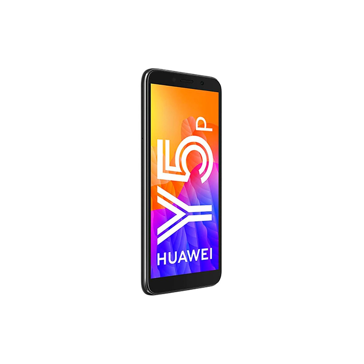 Een licht gekantelde zwarte Huawei Y5p smartphone toont een kleurrijke achtergrond met Y5p-branding.