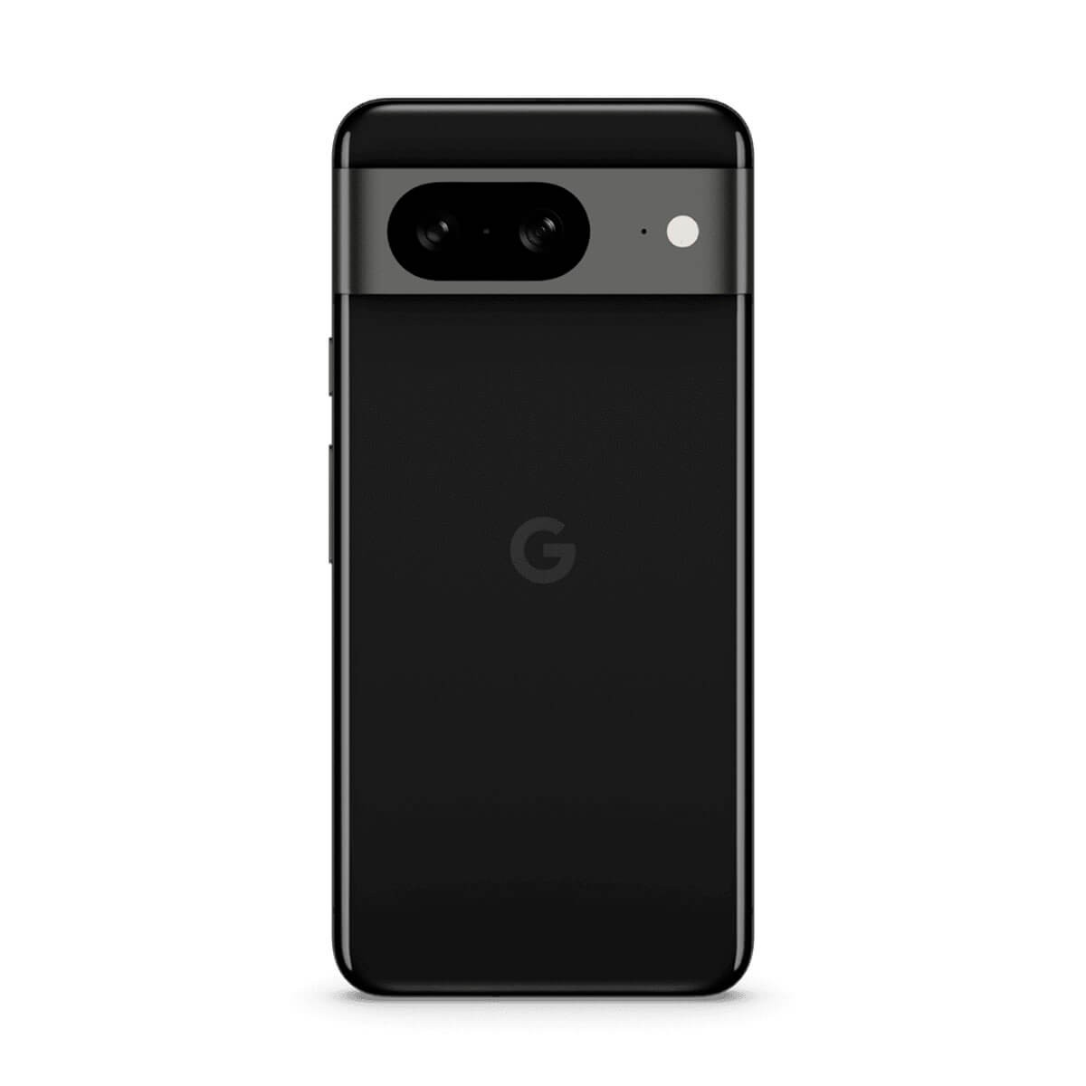 Dos d'un smartphone Google Pixel noir avec barre de caméra horizontale et logo G sur fond blanc.