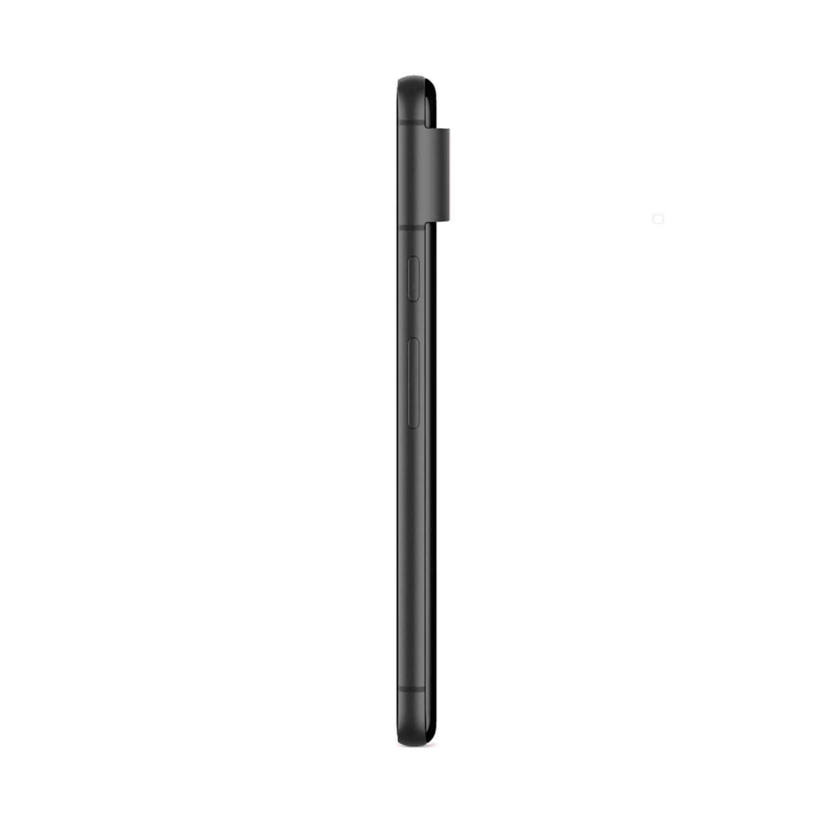 Vue latérale d'un smartphone noir élégant avec barre de caméra et boutons latéraux sur fond clair.